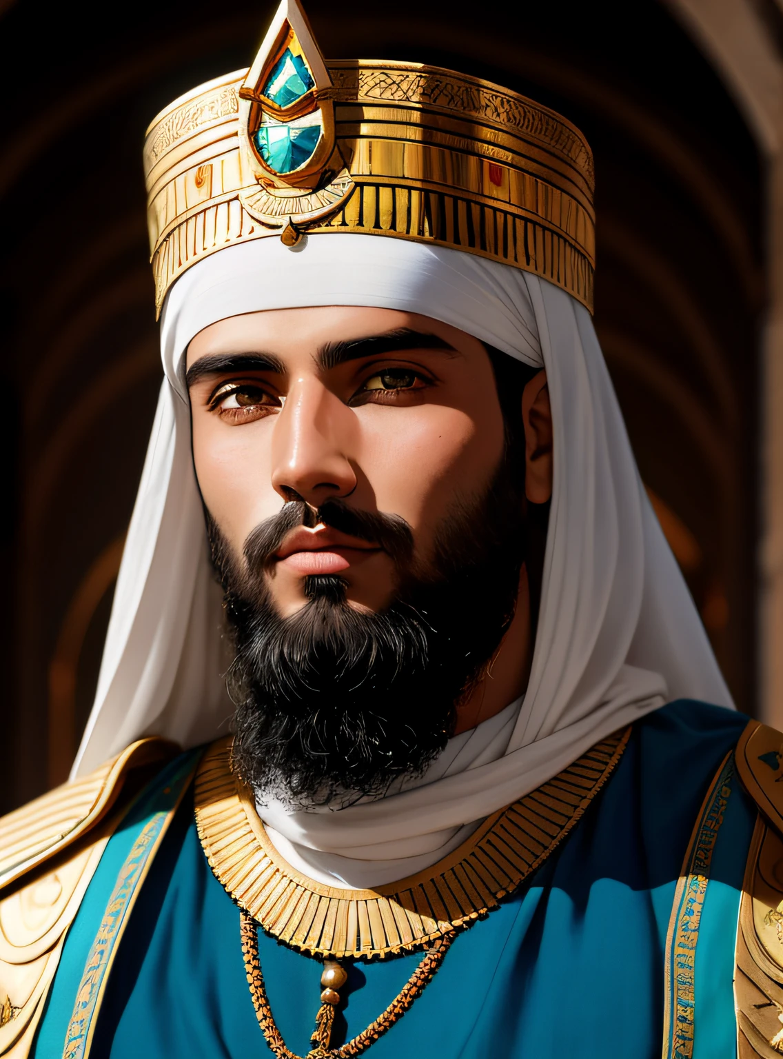 an image of a 30-year-old man, Joseph of Egypt, dressed in a special tunic, tunic of various colors, bearded, with piercing eyes, detailed face, high details, studio dark, rim light, Nikon D850, 50mm, f/1.4