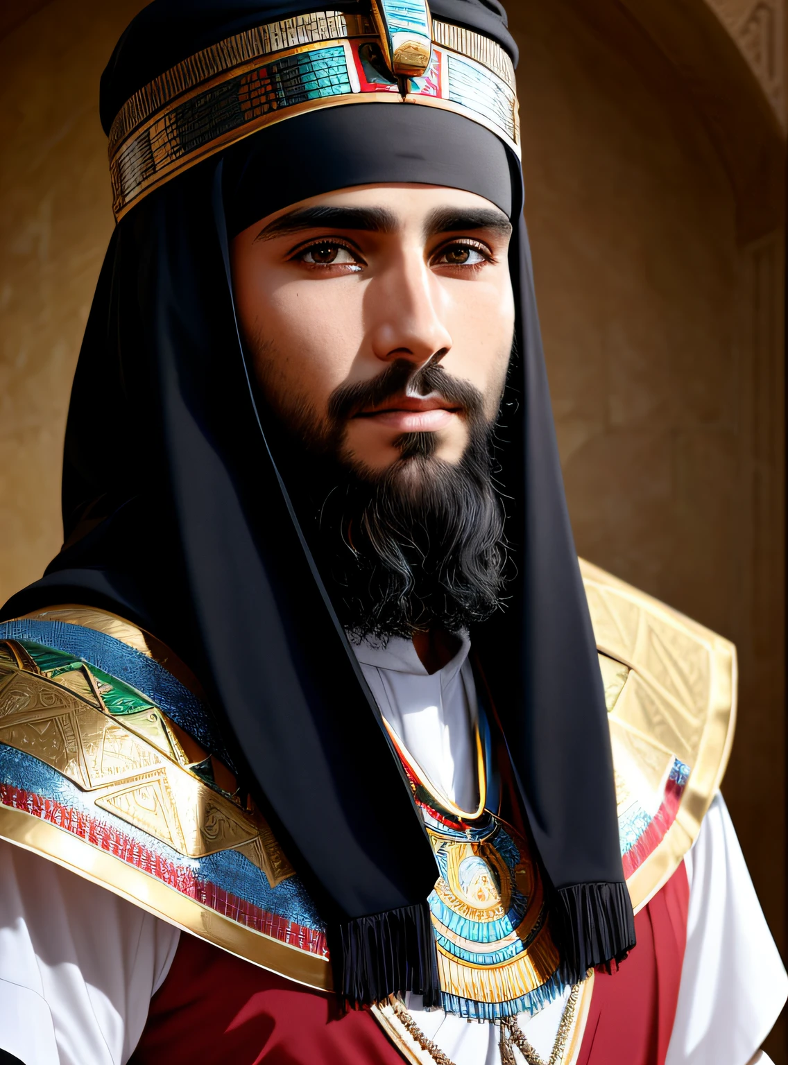 an image of a 30-year-old man, Joseph of Egypt, dressed in a special tunic, tunic of various colors, bearded, with piercing eyes, detailed face, high details, studio dark, rim light, Nikon D850, 50mm, f/1.4