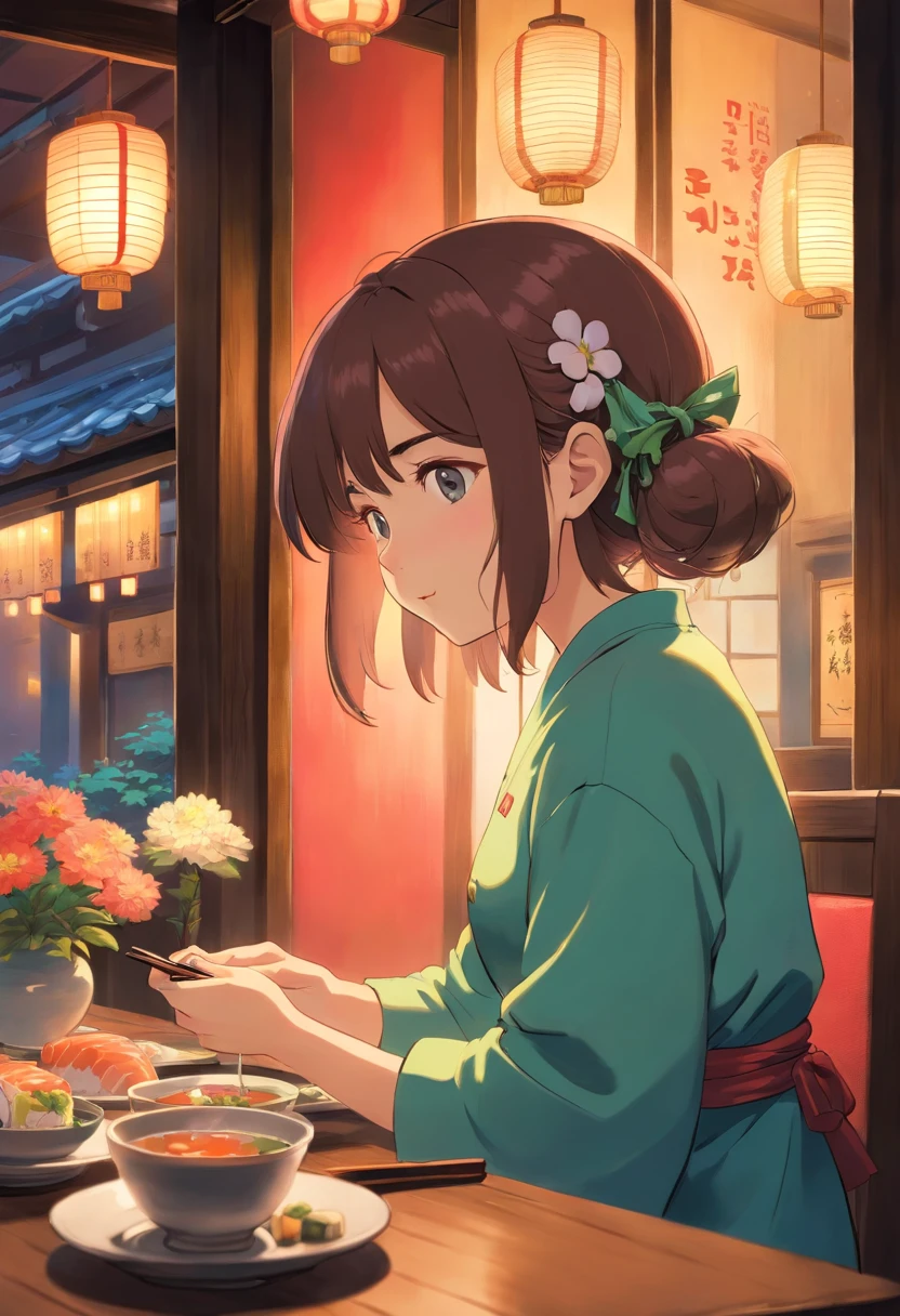 Japanese restaurant, A girl sits at a dining table, Look at the phone in your hand，Shed tears，Lights came from behind， Flower tea on the table ,sushi，It was rainy outside the window.