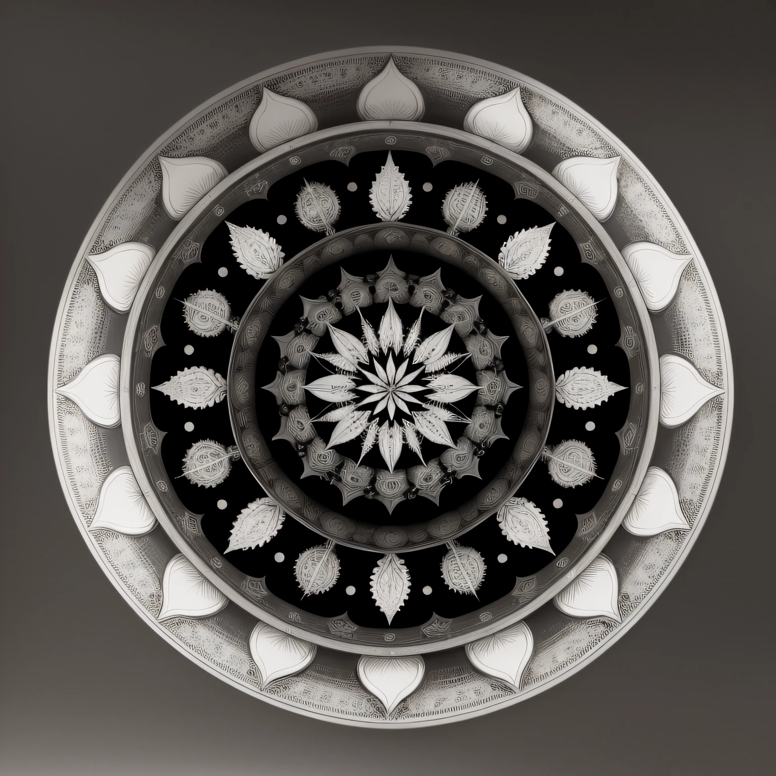A mandala that imitates cannabis in the composition of each element, In a black and white layer, It has technical characteristics, Realism, Wallpaper, Technology Pieces