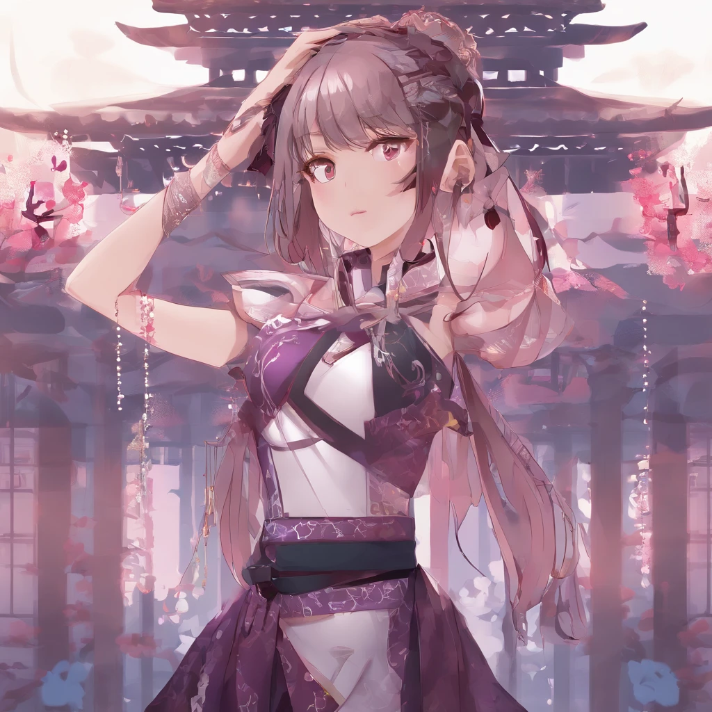 1girl, (ULZZANG-6500:0.7), Kpop idol, Yae Miko, mangas destacadas, bareshoulders, cabelo rosa, cabelos longos, Roupas japonesas, best quality, (Pintura:1.5), (ornamento de cabelo:1.35), jewelries, Purple eyes, Brincos, seios, Torii, Cereja, Luz da lanterna, profundidade de campo, Rosto detalhado, foco facial, fita_aparar, (Olhando para o Viewer:1.25), nontraditional miko, pele brilhante, mangas compridas, sorrir, thick lips, Jogo CG, Hands on lips, East Asian architecture, (blurry background:1.2), sentado, parte superior do corpo,