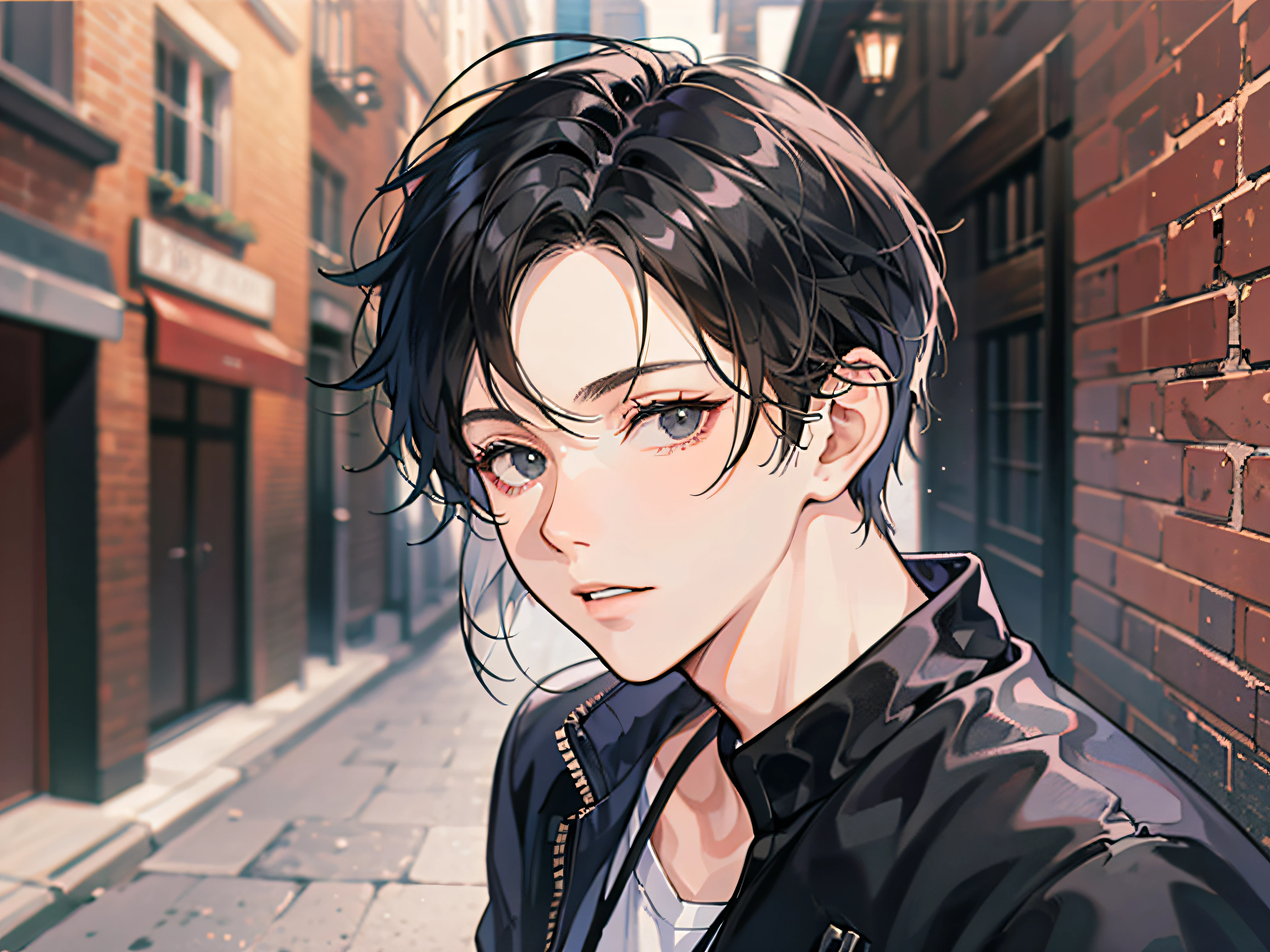 masutepiece, Detailed picture,Single male,late 20s age, The upper part of the body, A dark-haired, Black eyes, gloom, Reach out to the viewer,Dynamic Angle,Wearing a sweatshirt,Reviewer is watching, background is back alley