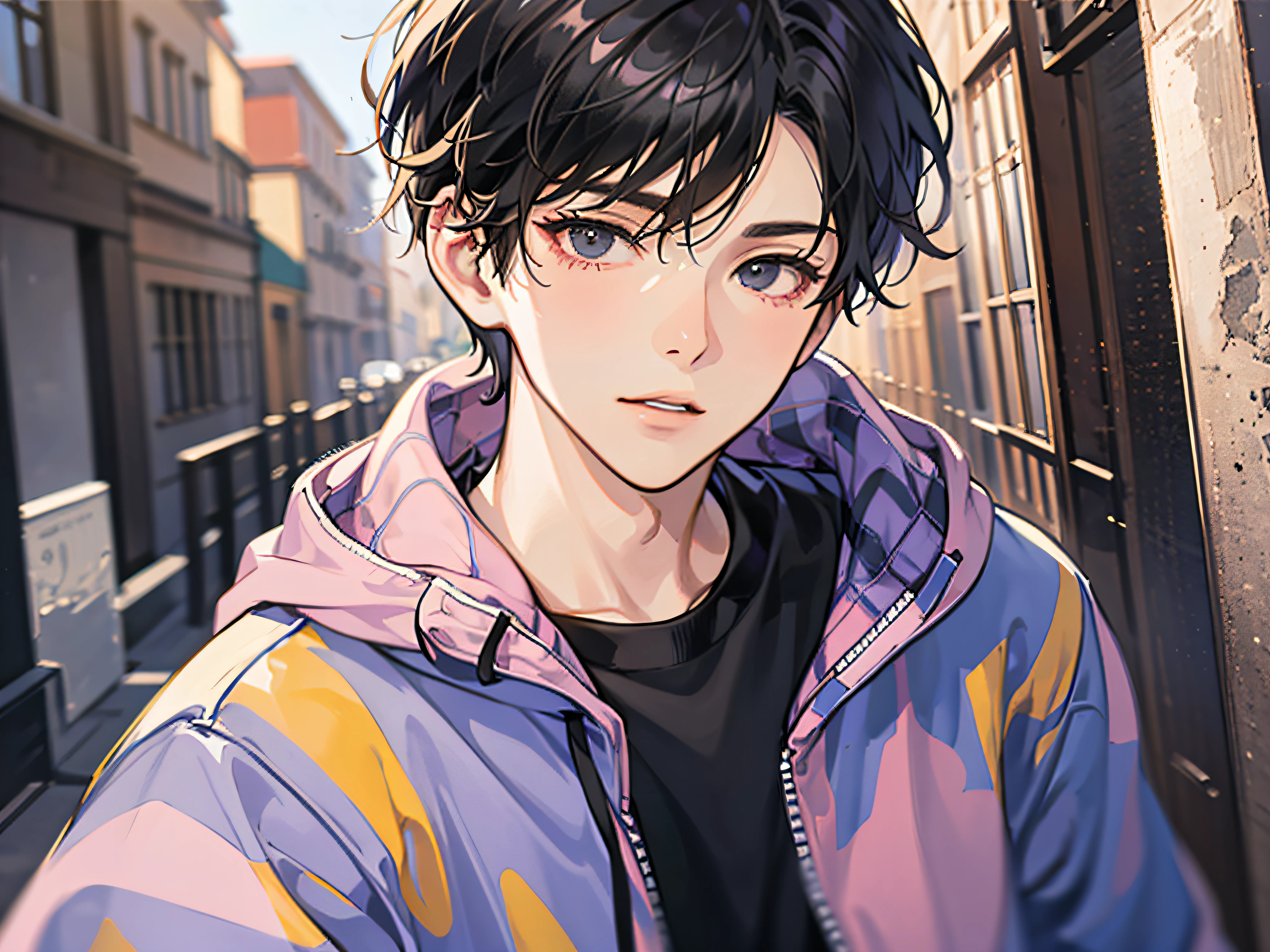 masutepiece, Detailed picture,Single male,late 20s age, The upper part of the body, A dark-haired, Black eyes, gloom, Reach out to the viewer,Dynamic Angle,Wearing a sweatshirt,Reviewer is watching, background is back alley