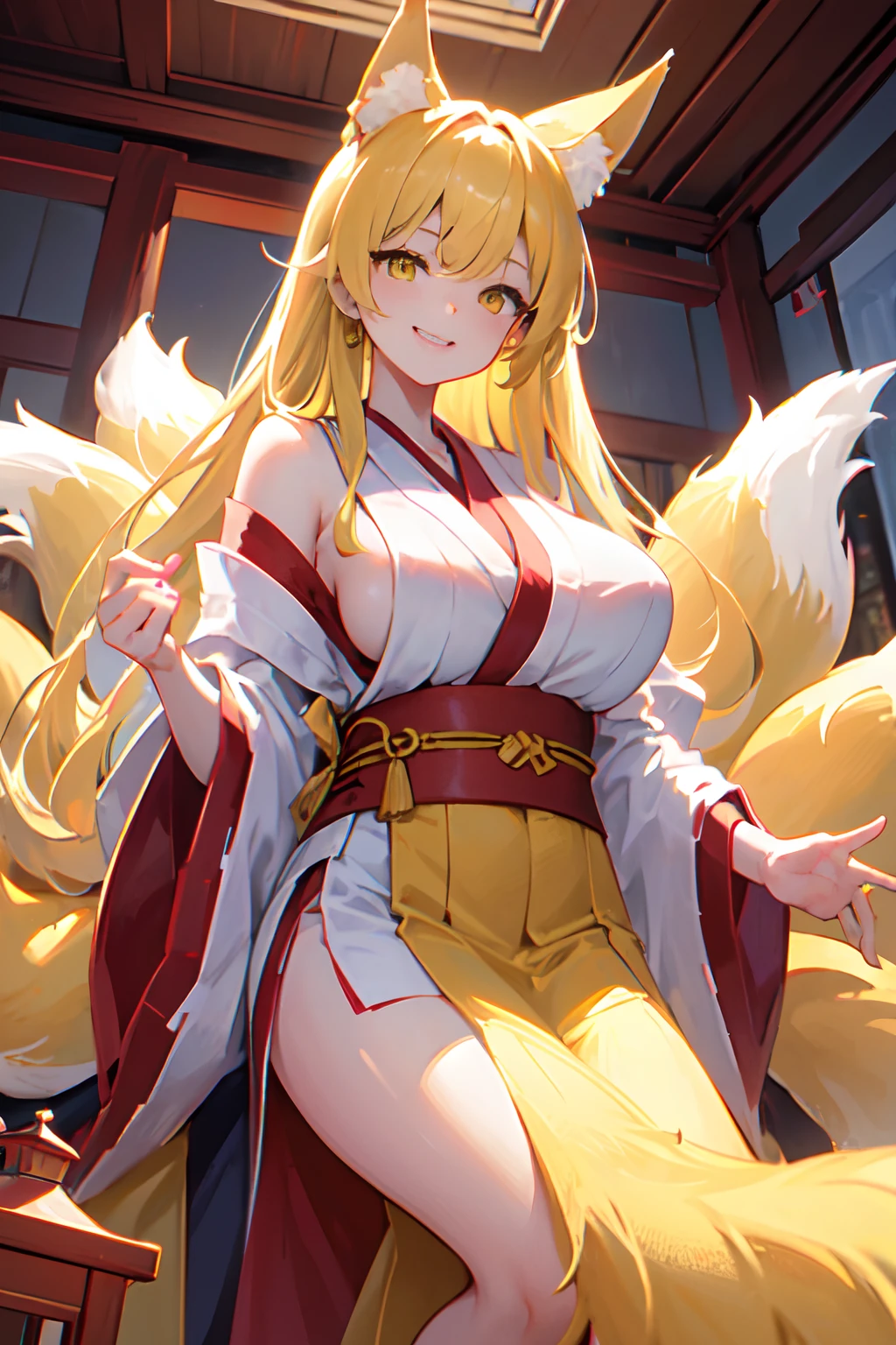 Fox ears、Fox tail、Nine Tails、long、Yellow hair、Yellow eyes、shrine maiden clothe、The background is a shrine、、Colossal tits、Valley、A slight smil、Stand on the Ground、Deities、Fiddling with hair、long、Healthy skin、A detailed illustration、Detailed hands、Detailed face、Big smile