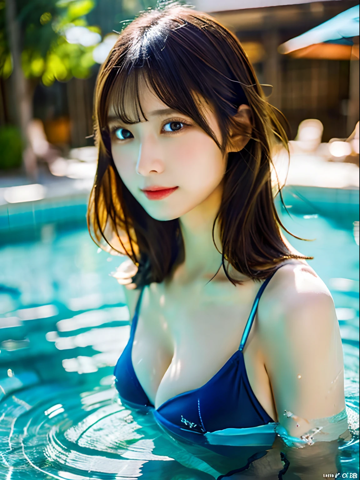 Best Quality, 超A high resolution, (Photorealistic:1.4), Raw photo, (), (Bokeh:1.5), ((Being in the pool、full body seen、Female Panther Pose、all-fours、Hands on the ground、Butt focus)), (in a suite:1.6)1日本人の女の子, Beautiful, (Solo:1.6), (Shy smile), (Brown eyes), Smooth skin, (Brown ponytail,Bangs),(Colossal tits),Delicacy, (touch hair:1.4),(The bikini、NSFW、Wet、Sit by the pool),