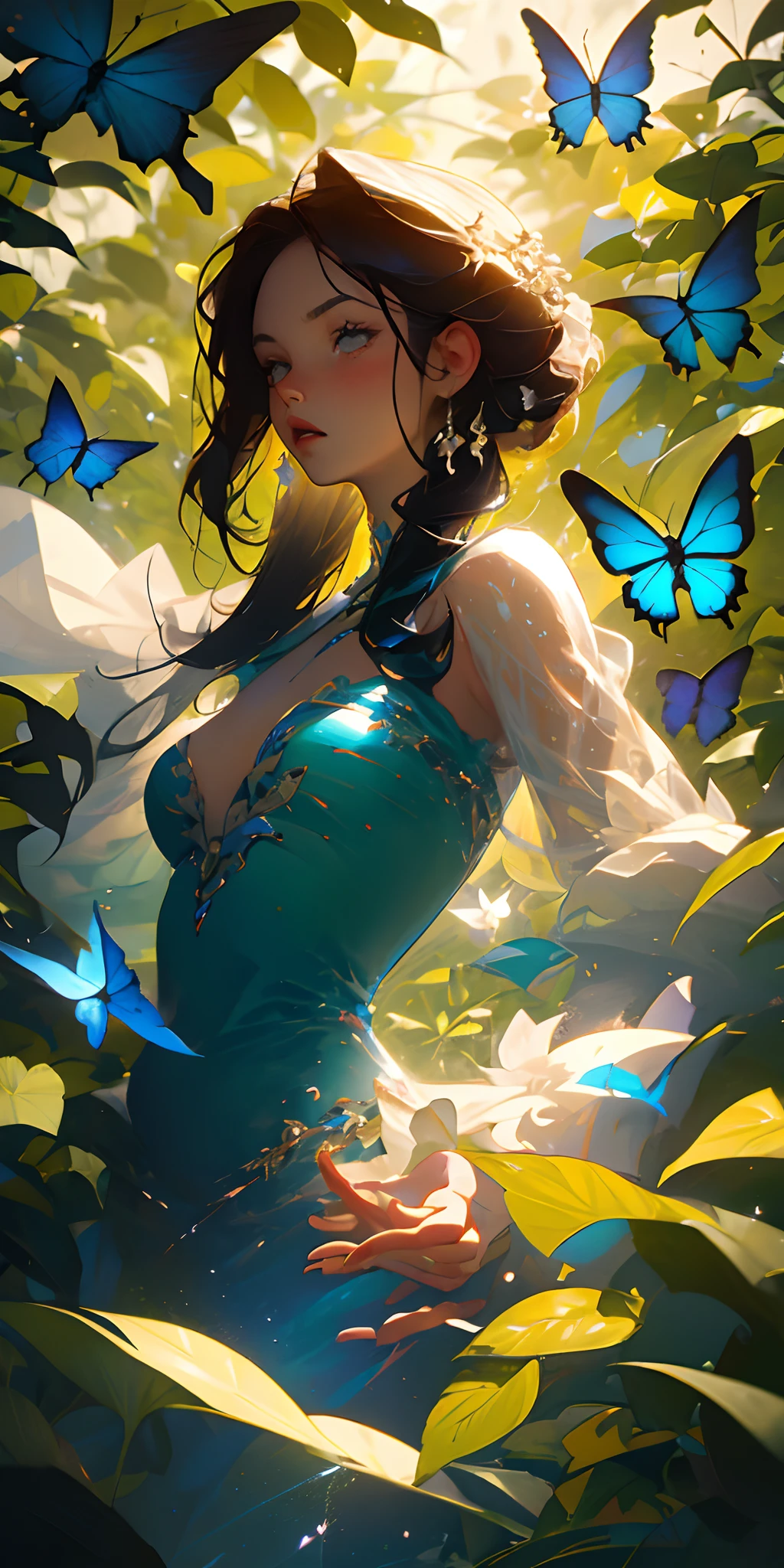 ((best quality)),((masterpiece)),((realistic)),(detailed), monica beluci, adult, sexy, busty, muscle, flirty, (looking at camera), sundress, field wild flowers, (butterflies:1), windy, Suisse mountains , ,((masterpiece)), absurdres --auto