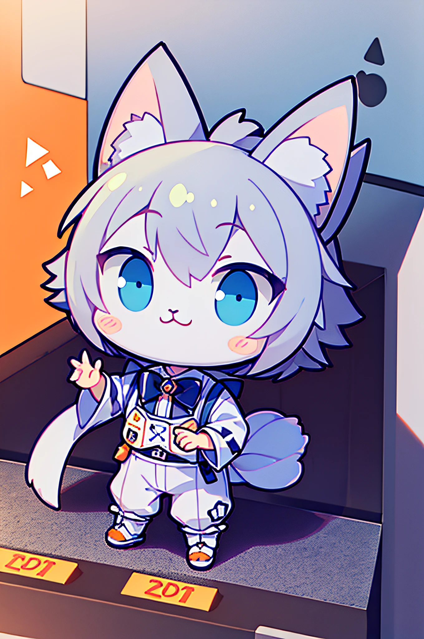 Little Cute Isometric Cat Emoji, Tuxedo Jack,Gray and white cat, kawaii, Wall of southern France in the background, Soft and muted colors, 3D Icon Clay Rendering, spring: 120 mm, 3D Blender Rendering, trending on polycount, Modular constructivism, Orange background, physically-based renderingt, The middle kitten raised her hand