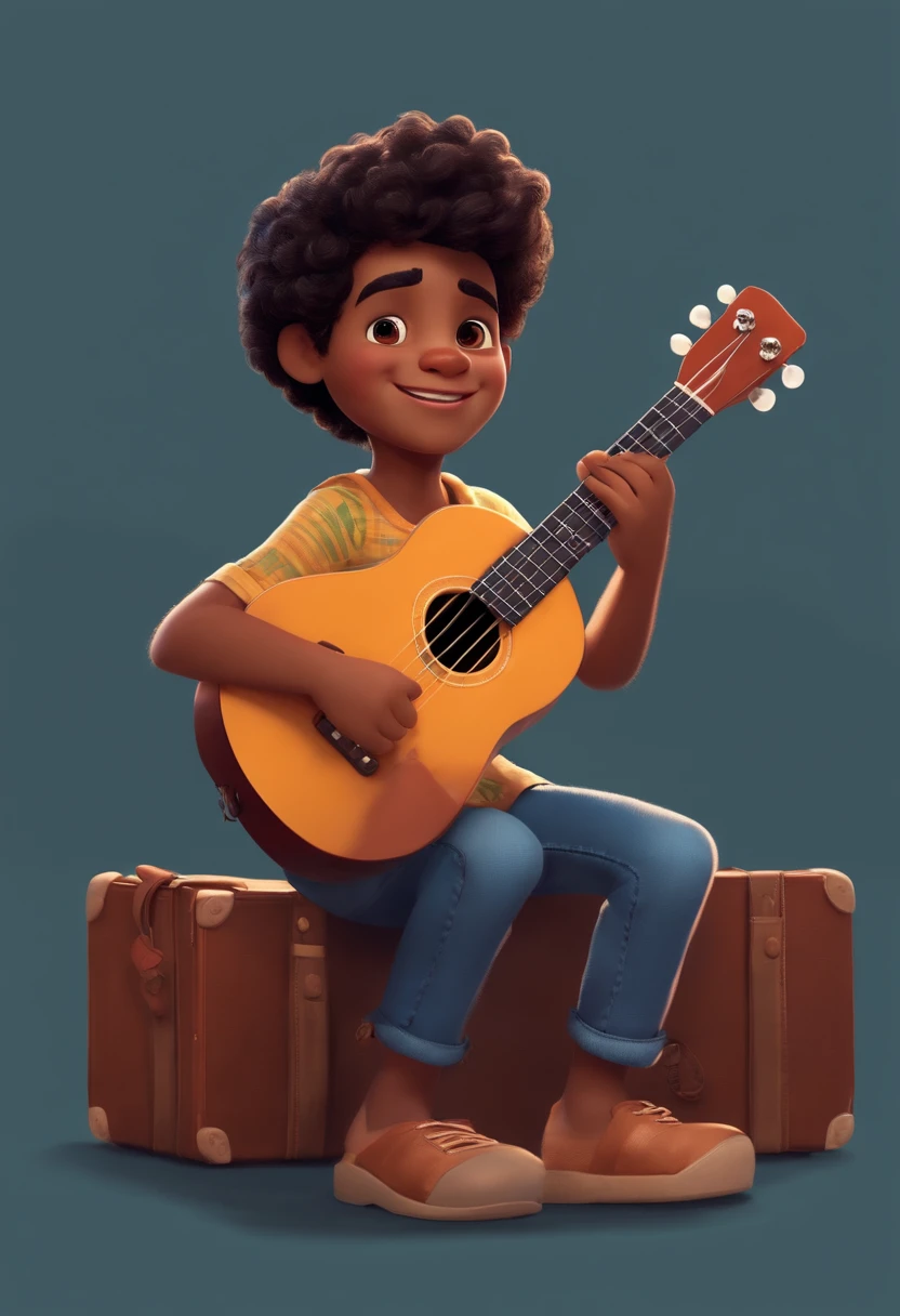 crie um banner no estilo Pixar. A boy with Brazilian features, moreno pardo com cabelos curtos pretos e levemente acinzentado, mas jovem, usando uma camiseta, Wearing jeans and holding a classic ukulele with 4 strings.