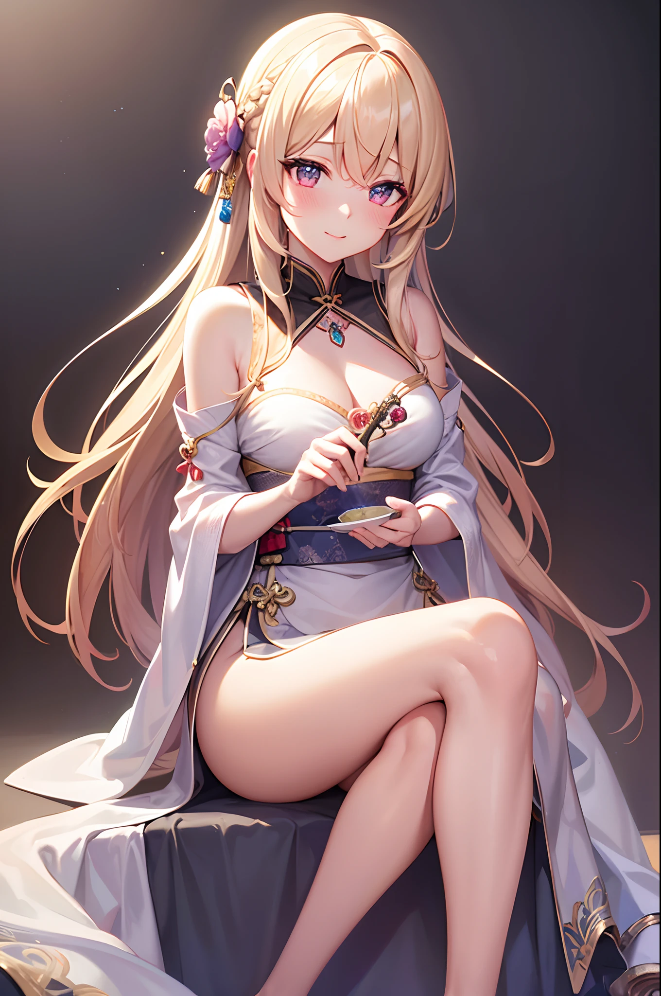 Best quality, Masterpiece, A high resolution, 1girll,Blush,(Seductive smile:0.8),Star-shaped pupils,China Hanfu,hair adornments,necklace, jewelry,Beautiful face,after sexing_Body, Tyndall effect,Photorealistic, Dark Studio, rim lit, twotonelighting,(highdetailskin:1.2), 8K Ultra HD, Digital SLR, Soft lighting, High quality, voluminetric lighting, candid, photographed, high resolution, 4K, 8K, Bokeh
