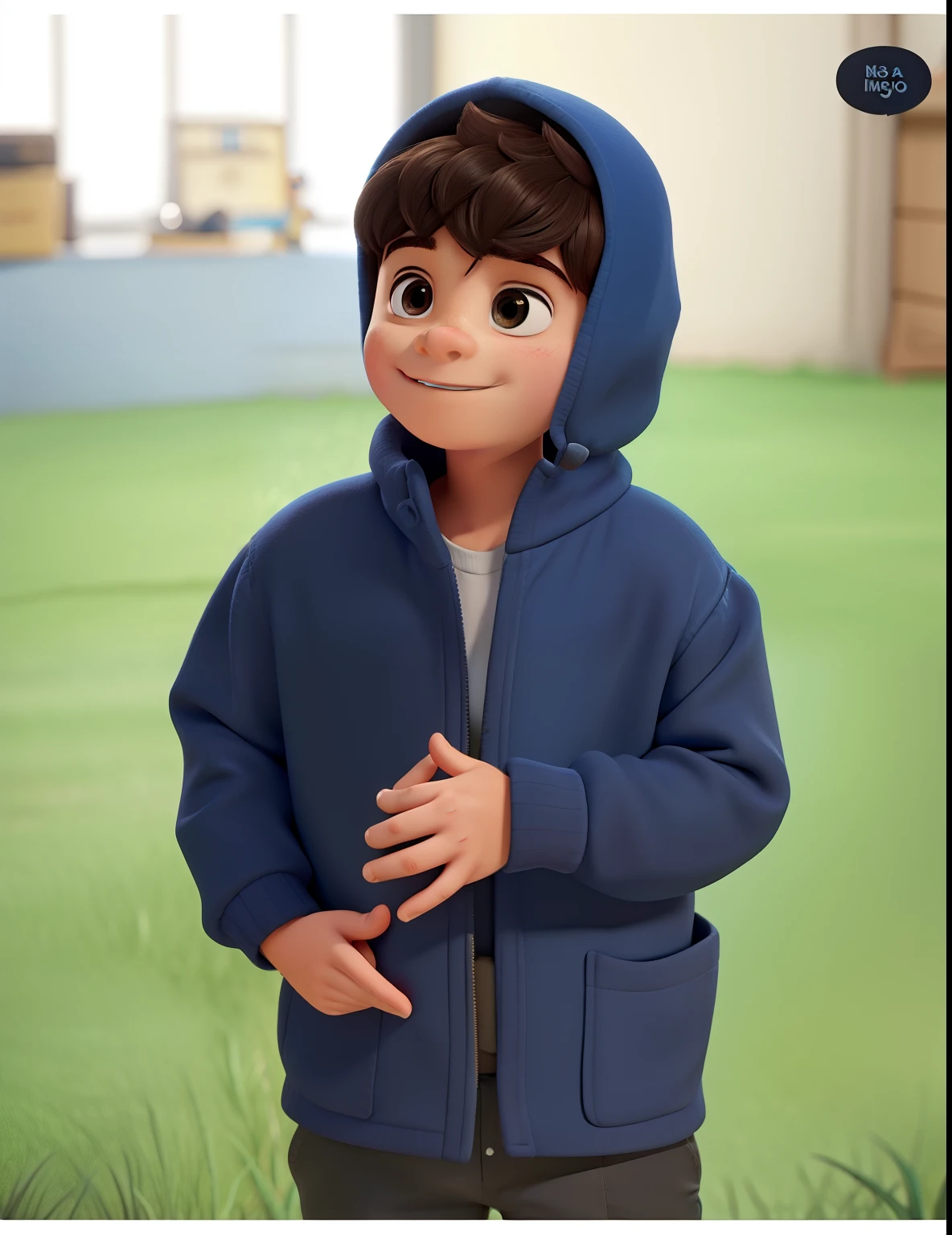 Cria a foto de um menino de 3 anos como um personagem de um filme pixar