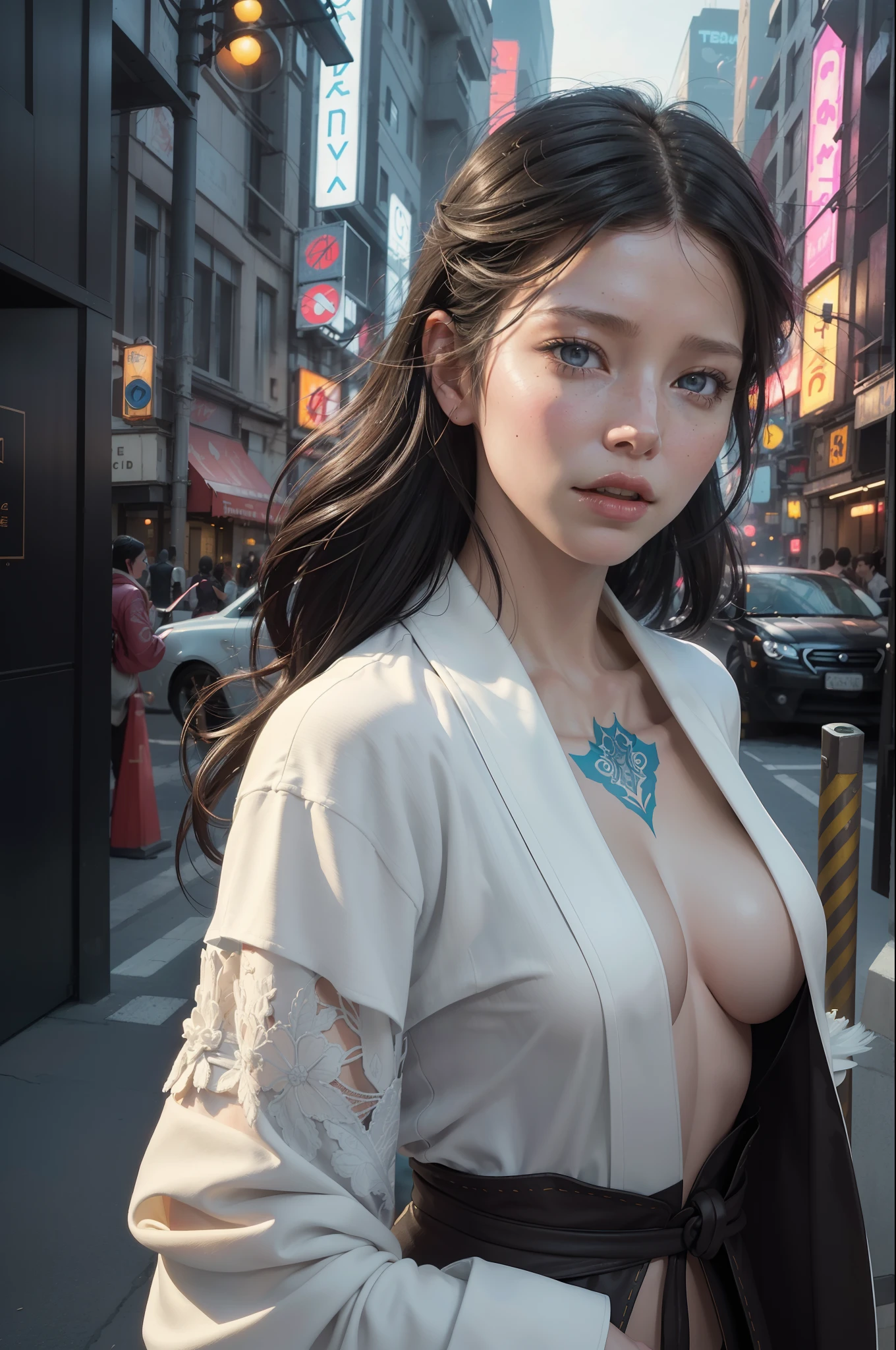 perfect artwork of John Blanche, (Jessica biel:Evangeline Lilly) short black hair, white open kimono, fully body tattoos, serious face, in action cinema pose looking in camera. Digital art. trending composition. vibrant side lighting, centered in a vibrant, technicolor cyberpunk detailed city landscape. night neon lighting. masterpiece, best quality, layered lighting