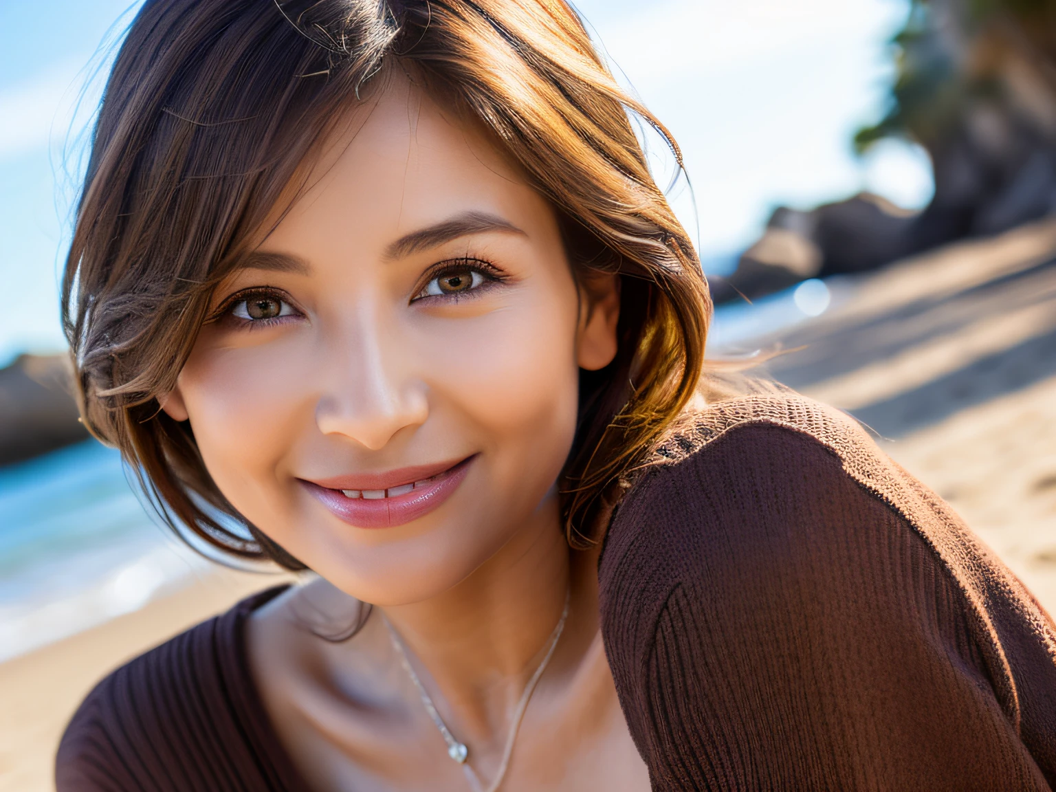 (Beach:1), Afternoon, Outdoors, Short light brown forelock, Light brown eyes, (1 naked girl and 2 dressed old gentlemen), Smiling, Innocent, (Photorealistic), Viewer, Face viewer, (Complex details: 1. 2), (Masterpiece, :1.3) , (Best quality: 1.4), (Ultra High Resolution: 1.2), Ultra High Resolution, (Detailed Eyes), (Detailed Facial Features), HDR, 8k resolution