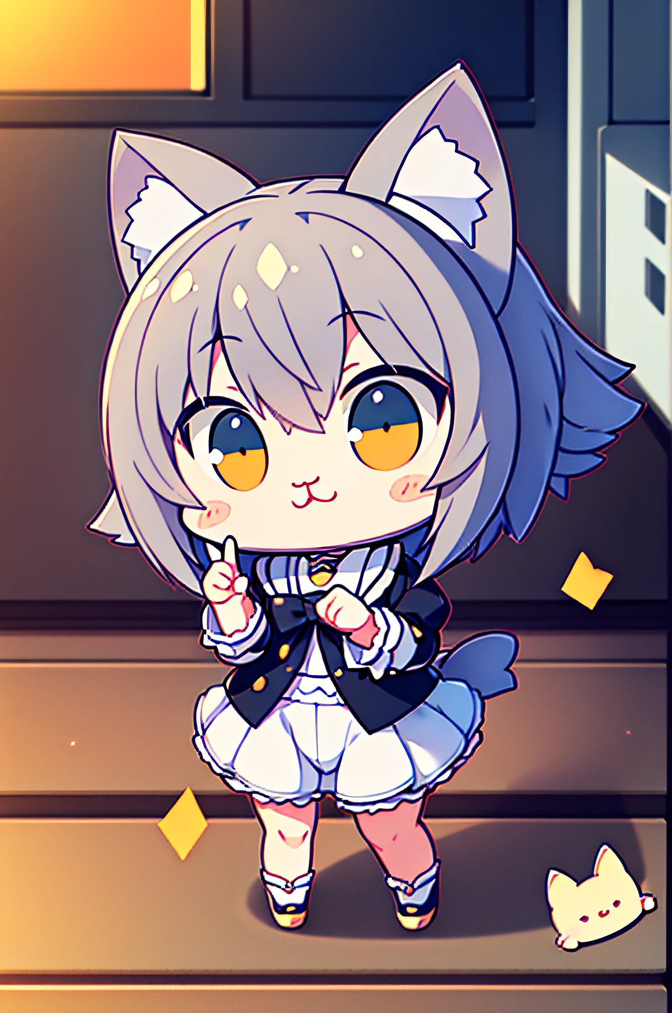 Little Cute Isometric Cat Emoji, Tuxedo Jack,Gray and white cat, kawaii, Wall of southern France in the background, Soft and muted colors, 3D Icon Clay Rendering, spring: 120 mm, 3D Blender Rendering, trending on polycount, Modular constructivism, Orange background, physically-based renderingt, The middle kitten raised her hand