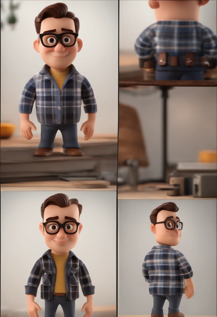 Cartoon character of a man wearing black glasses and a plaid shirt, um personagem animado, Caractere estilizado, animation style rendering, 3D estilizado, Arnold Maya render, 3 d render stylized, toon render keyshot, Personagem 3D, Personagem 3D, 3d rendering stylized, 3 d character render, personagem de desenho animado, Personagem de close up, Pose de personagem, (Estilo Pixar) (master part:1.2) (Bokeh) (best quality) (pele detalhada) (textura detalhada) (8k) (argila) (Cinematic lighting) (foco nítido,Senta e vaza a parte superior do corpo