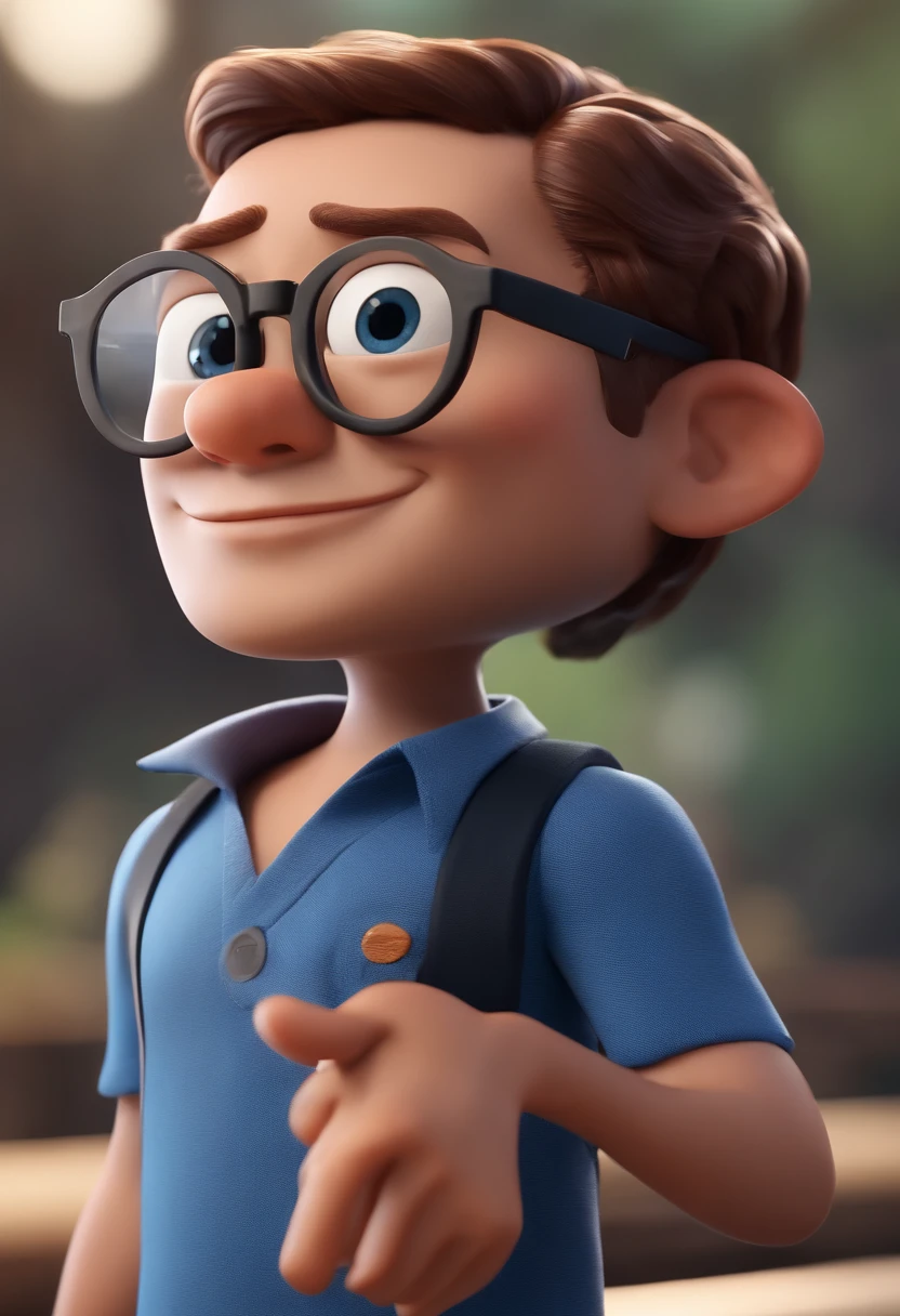 Arthur is 8 years old with blond hair with bangs combed to the side, rounded blue Harry Potter style prescription glasses, a big smile, a black shirt with a dinosaur design, jeans and Jordan sneakers and he has a white Pomeranian dog named Paco