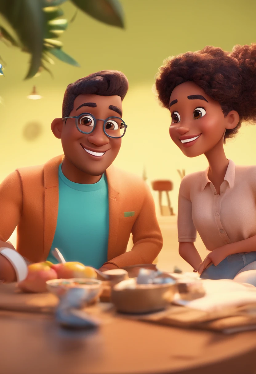 An illustration of an adorable couple, Highlight for a chubby mulatto man with glasses smiling and a brunette woman with beautiful expressive eyes - the man's skin is mulatto and the man's hair haswhile the woman's skin is black and the woman's hair is straight and brown. They are a bright room, cada um com um sorriso no rosto, e compartilhar um momento especial caracterizado pelo amor, Insights. Illustrate this scene from a perspective where they are facing the camera, Smiling and Showing Your Connection. Desenvolva esta arte em Full HD, Focus on your cinematic touch, Estilo Disney Pixar Animations