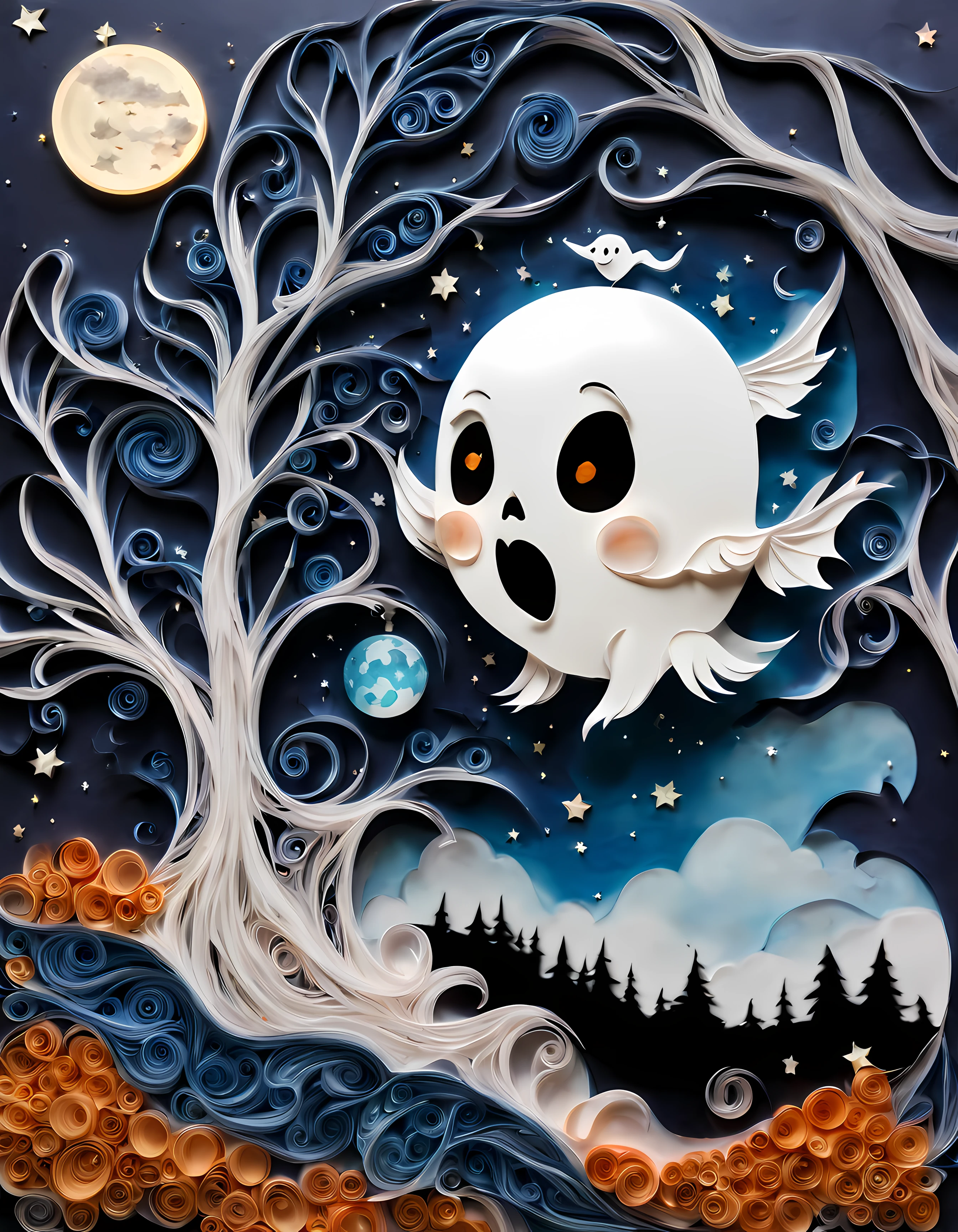 yanzhi,paper quilling, ((view through the crooked branches)), (solo:1.3) (((cute giant ghost))), ((mystical blue flows)), (bats), breathtaking ((starry)) moonlit night, ((Halloween vibe))