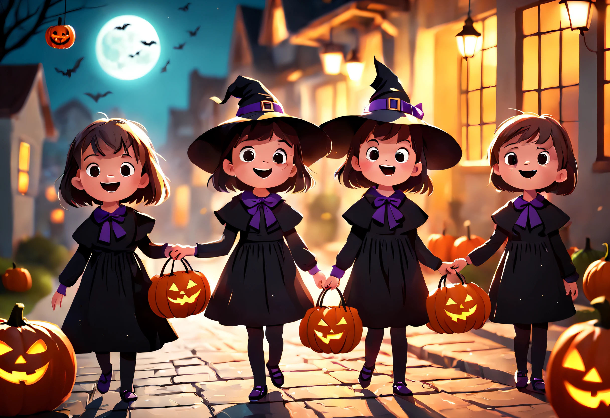 children on halloween, happy expressions, joyful atmosphere,dressed up in creative costumes,bags full of candy,excitedly knocking on doors,creative decorations,spooky atmosphere [spooky] (best quality,4k,8k,highres,masterpiece:1.2),ultra-detailed ,(realistic,photorealistic,photo-realistic:1.37),vivid colors,sharp focus,happy,halloween-themed,night scene,full moonlit sky,warm lighting,happy smiles,colored candies