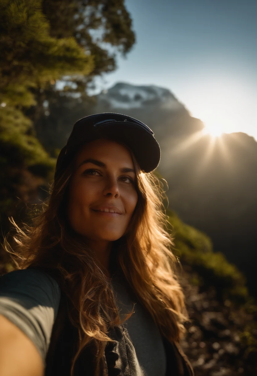 VeronicaCipher ((selfie da parte superior do corpo, feliz)), obra-prima, melhor qualidade, ultradetalhado, solo, ao ar livre, (noite), montanhas, natureza, (estrelas, lua) alegre, feliz, mochila, saco de dormir, camping stove, bottled water, botas de montanha, luvas, camisa laranjada, bonnet, Headlamp, floresta, pedras, rio, madeira, smoke billowing, sombras, contraste, clear sky, analogue style (matiz quente, tom quente): 1.2), close-up, cinematiclight, side-lighting, Ultra high resolution, melhor sombra, RAW, parte superior do corpo, Wearing Pullover Kodak Vision 3,