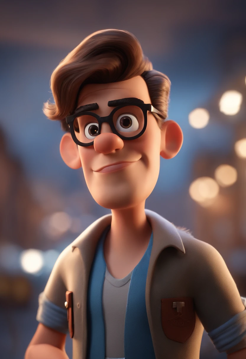 Cartoon character of a man with black glasses and a blue shirt, animation character, Caractere estilizado, animation style rendering, 3D estilizado, Arnold Maya render, 3 d render stylized, toon render keyshot, Personagem 3D, Personagem 3D, 3d rendering stylized, 3 d character render, personagem de desenho animado, Personagem de close up, Pose de personagem,  (Estilo Pixar) (master part:1.2) (Bokeh) (best quality) (pele detalhada) (textura detalhada) (8k) (argila) (Cinematic lighting) (foco nítido