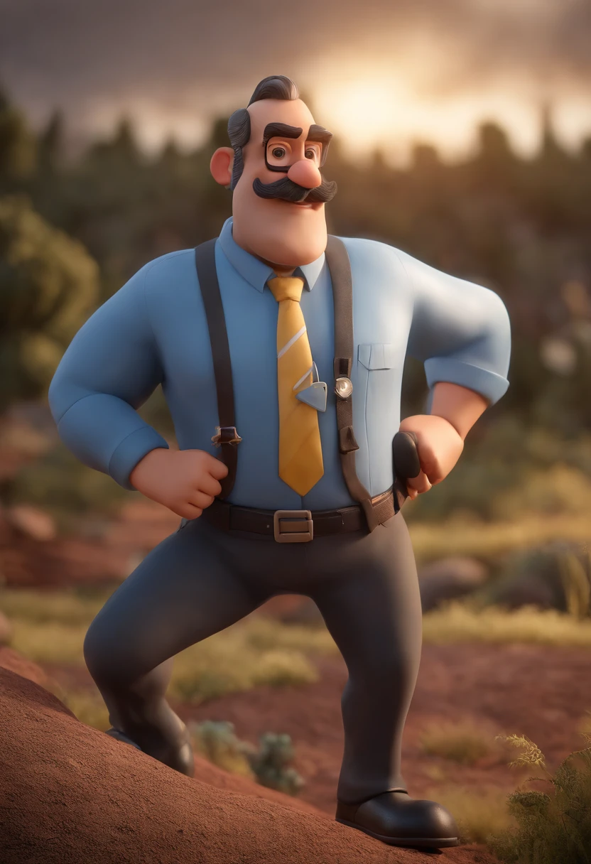 personagem dos desenhos animados de um homem moreno, careca, bigode, barba por fazer, olhos castanhos, com camiseta preta, animation character, Caractere estilizado, animation style rendering, 3D estilizado, Arnold Maya render, 3 d render stylized, toon render keyshot, Personagem 3D, Personagem 3D, 3d rendering stylized, 3 d character render, personagem de desenho animado, Personagem de close up, Pose de personagem, (Estilo Pixar) (master part:1.2) (Bokeh) (best quality) (pele detalhada) (textura detalhada) (8k) (argila) (Cinematic lighting) (foco nítido