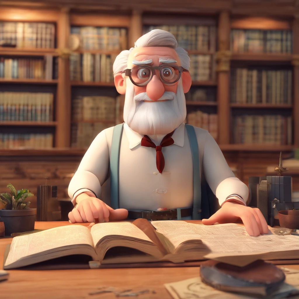 Crie um cartaz inspirado na Disney Pixar com o personagem sendo o pastor Rubens Janier, A gray-haired man wearing glasses, in an office with a Bible on the table