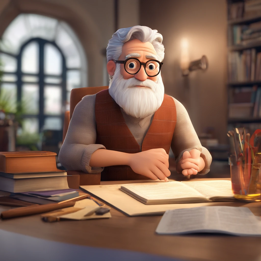 Crie um cartaz inspirado na Disney Pixar com o personagem sendo o pastor Rubens Janier, A gray-haired man wearing glasses, in an office with a Bible on the table