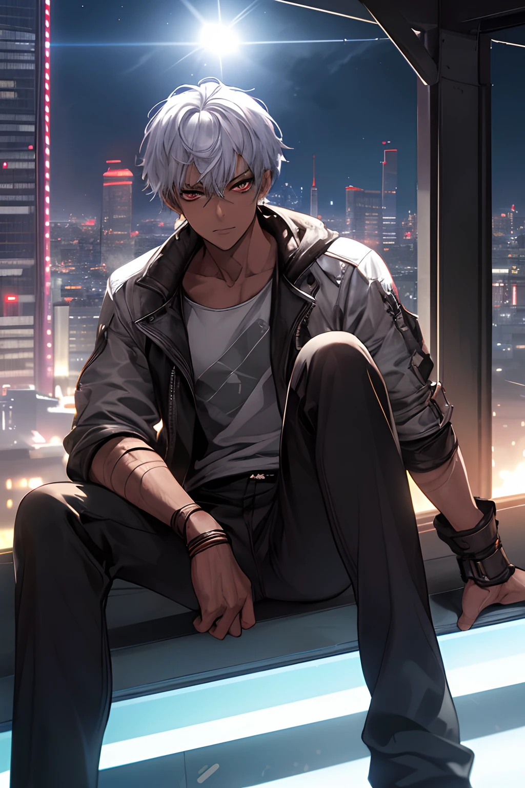 {{top-quality,masterpiece,8k wallpaper}},top-quality,Ultra-detailed CG Unity,Particle,Cinematographic lighting,lensflare,((1 teenager)),a handsome,youthfulness,a 20-year-old boy,slender,Looking at the camera,Angle from your feet,Condescending look,mock,make light of,close up of face,{{Sunburned skin,Brown skin,Brown-skinned,Arab}},sharp gaze,Delicate eyes,(Akame),Eyes glow,Cyberpunk at night,Above the buildings of Cyberpunk City at night,Street,Above the buildings at night,Sit on the steel frame,Platinum Silver Hair,short-haired,Reaping,dark boy.