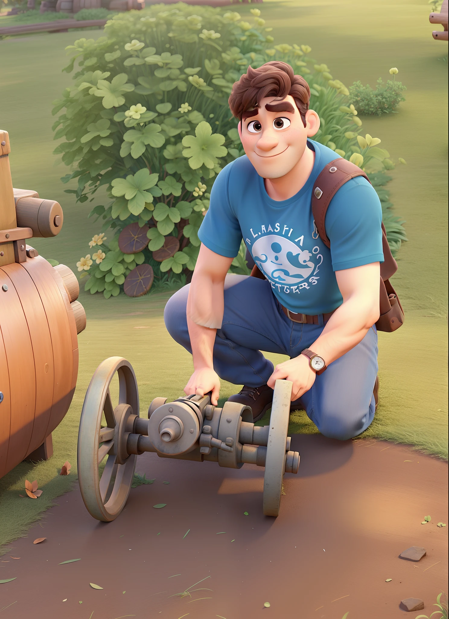 A Disney Pixar style man crouching on the grass with an antique cannon, alta qualidade, melhor qualidade