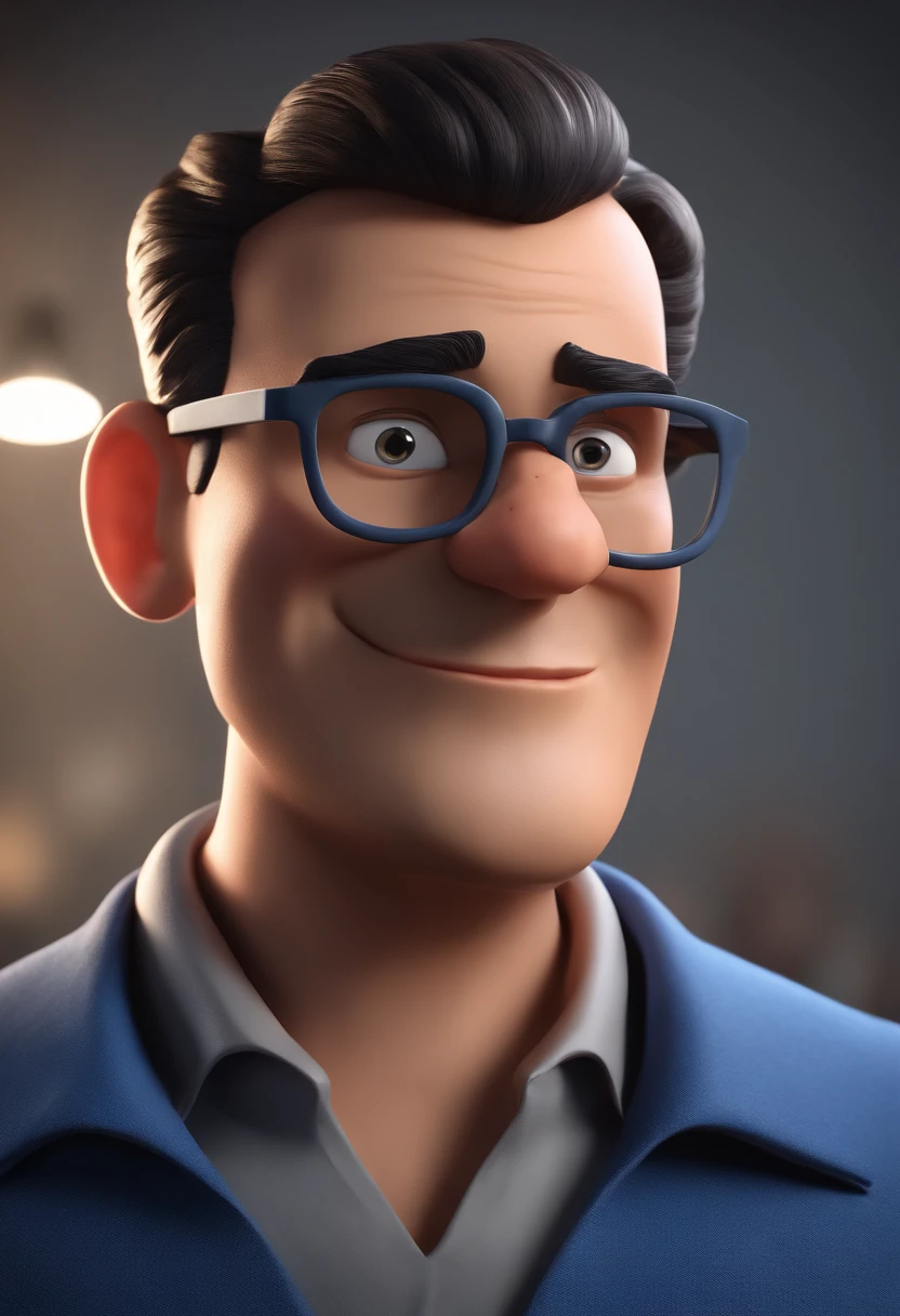 Cartoon character of a man with black glasses and a blue shirt, animation character, Caractere estilizado, animation style rendering, 3D estilizado, Arnold Maya render, 3 d render stylized, toon render keyshot, Personagem 3D, Personagem 3D, 3d rendering stylized, 3 d character render, personagem de desenho animado, Personagem de close up, Pose de personagem, (Estilo Pixar) (master part:1.2) (Bokeh) (best quality) (pele detalhada) (textura detalhada) (8k) (argila) (Cinematic lighting) (foco nítido