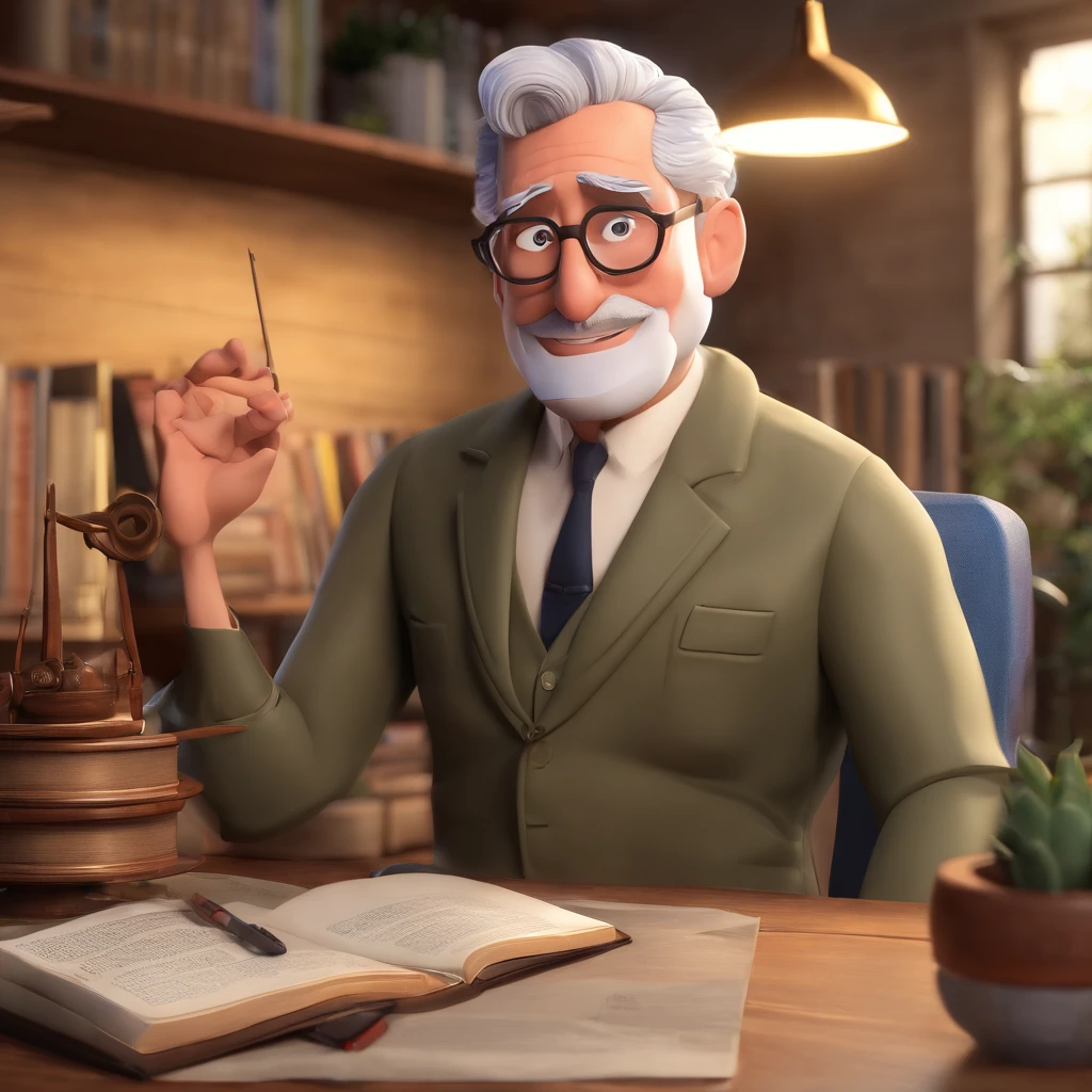 Crie um cartaz inspirado na Disney Pixar com o personagem sendo o pastor Rubens Janier, A gray-haired man wearing glasses, in an office with a Bible on the table