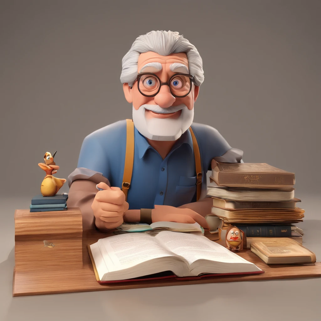 Crie um cartaz inspirado na Disney Pixar com o personagem sendo o pastor Rubens Janier, A gray-haired man wearing glasses, in an office with a Bible on the table