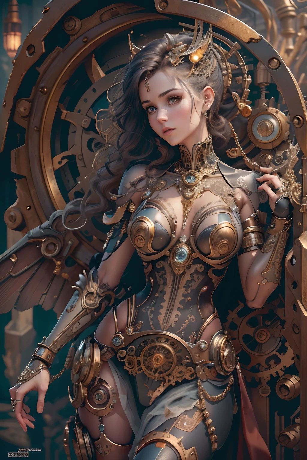 (Best quality,4K,A high resolution,Masterpiece:1.2),Ultra-detailed,(Realistic:1.37) closeup Girl with mechanical parts,steampunk wind,Delicate gear details,Brass gears and gears,Beautiful and intricate design,(Mechanical wings),Glowing eyes and glowing tattoos,Gorgeous metal corsets and skirts,Elegant and elegant gesture, Everything is attached her body,her body is bloody ,Industrial background with smoky atmosphere,Soft warm lighting,Vintage color palette,The human body and mechanical elements are perfectly integrated