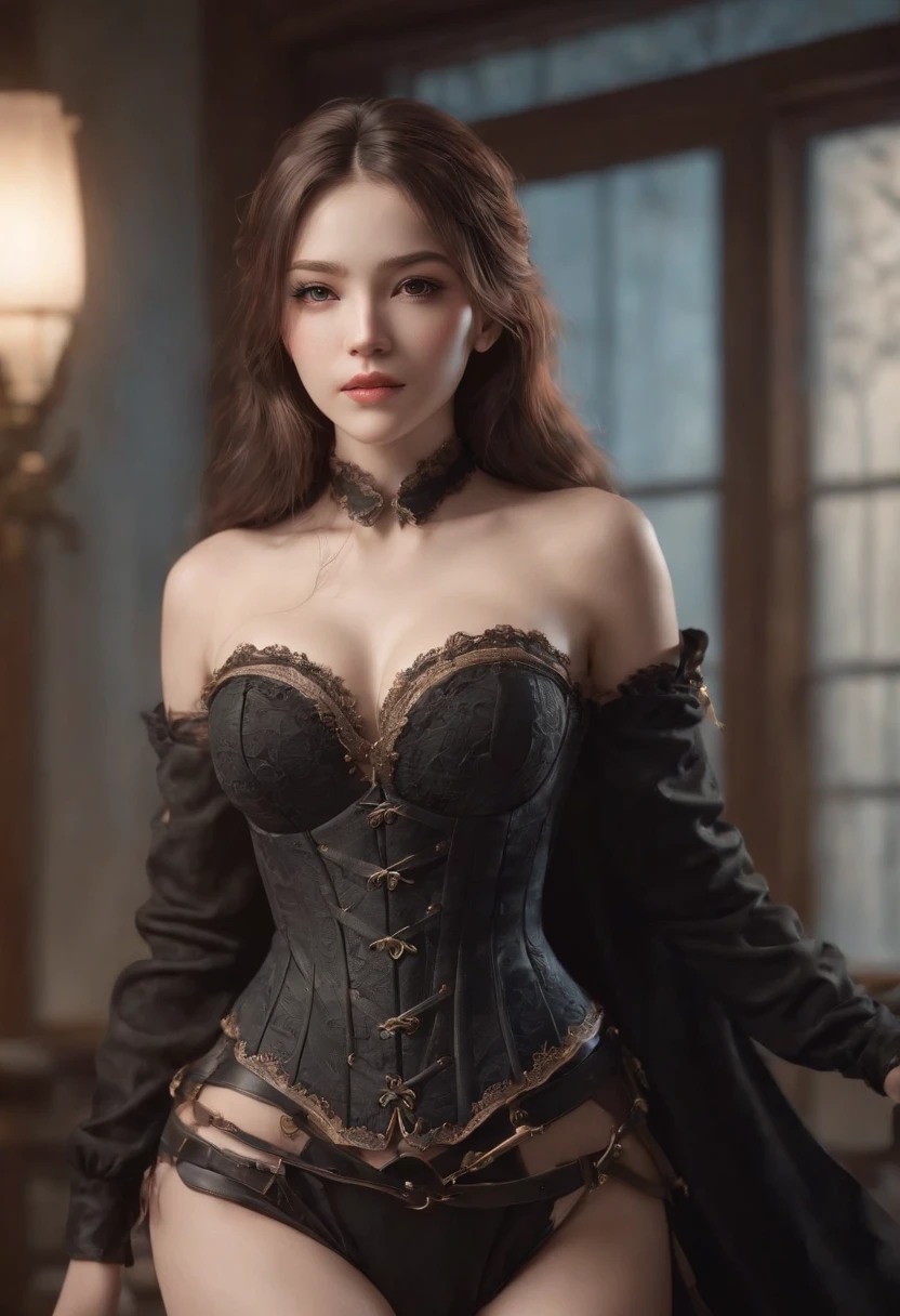 ((Best quality)) , ((Masterpiece)) , (Detailed) ,Anime girl in corset and black costume posing in room, Extremely detailed Artgerm, highly detailed exquisite fanart, 8K high quality detailed art, trending on artstation pixiv, commission for high resolution, Artgerm on ArtStation Pixiv, 2b, 2 b, pixiv 3dcg, high detailed official artwork, Detailed digital anime art ，8K resolution