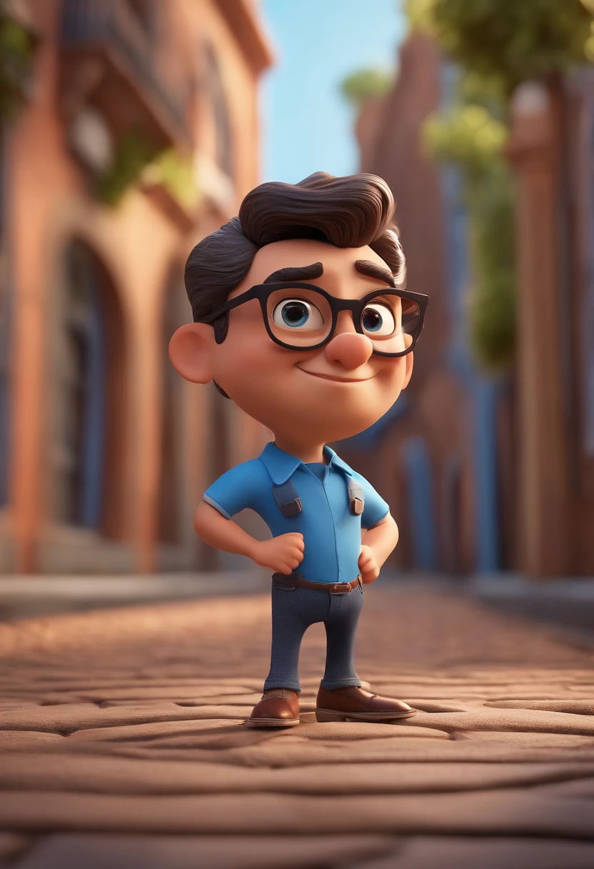 Cartoon character of a man with black glasses and a blue shirt, animation character, Caractere estilizado, animation style rendering, 3D estilizado, Arnold Maya render, 3 d render stylized, toon render keyshot, Personagem 3D, Personagem 3D, 3d rendering stylized, 3 d character render, personagem de desenho animado, Personagem de close up, Pose de personagem, (Estilo Pixar) (master part:1.2) (Bokeh) (best quality) (pele detalhada) (textura detalhada) (8k) (argila) (Cinematic lighting) (foco nítido