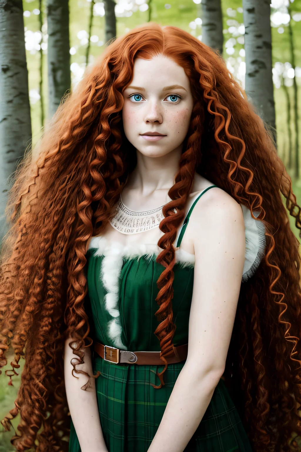 (((long fluffy curly red hair))) face portrait of An extremely Beautiful young Woman, pale skin, green eyes, freckle,  Scottish, archer, traditional scottish dress, Birch forest, 
gritty sharp focus, intricate, 
watercolor,
