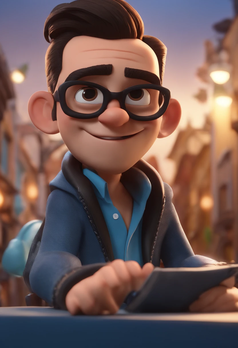Cartoon character of a man wearing black glasses and a blue shirt, careca sem pelo no rosto um personagem animado, Caractere estilizado, animation style rendering, 3D estilizado, Arnold Maya render, 3 d render stylized, toon render keyshot, Personagem 3D, Personagem 3D, 3d rendering stylized, 3 d character render, personagem de desenho animado, Personagem de close up, Pose de personagem, (Estilo Pixar) (master part:1.2) (Bokeh) (best quality) (pele detalhada) (textura detalhada) (8k) (argila) (Cinematic lighting) (foco nítido,Senta e vaza a parte superior do corpo
