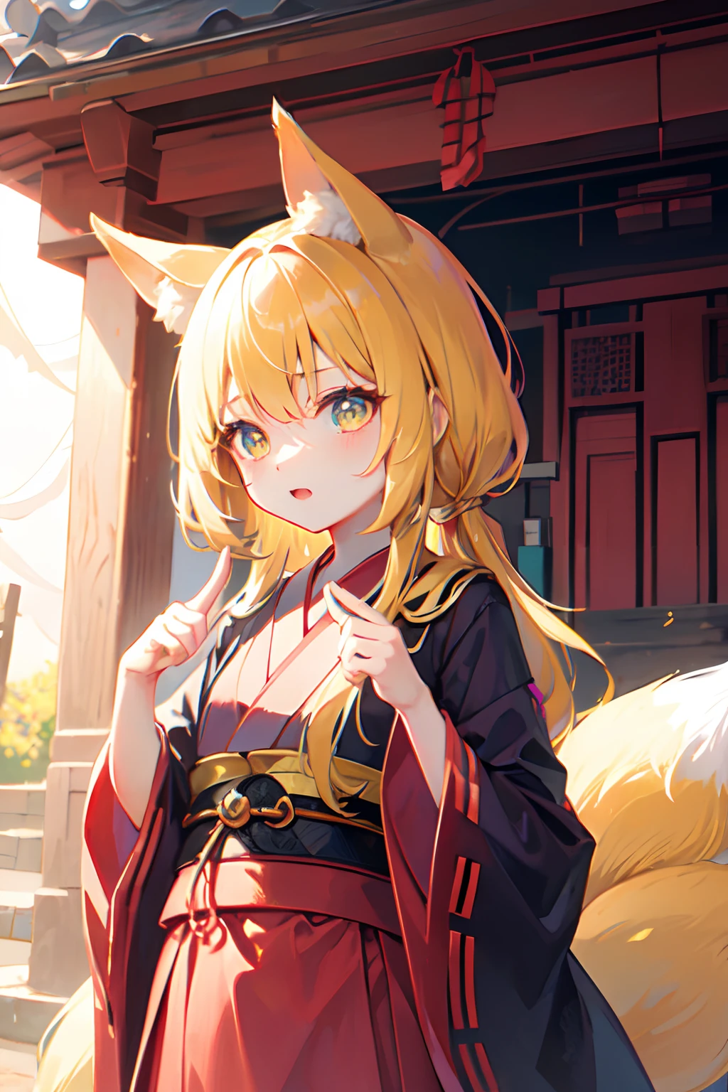 girl、short、Cropped bangs、fox ears、fox tail、Miko costume、green eyes、topless、nipple、nsfw