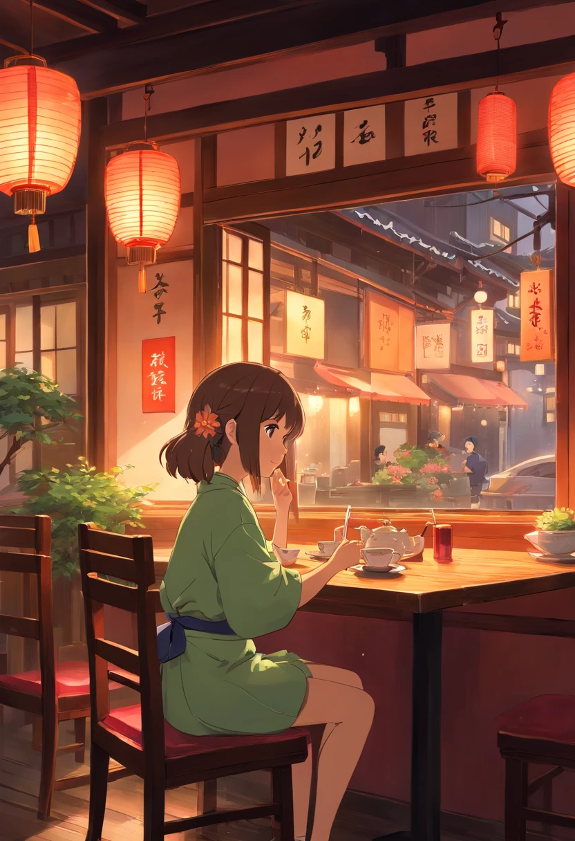 Japanese restaurant, A girl sits at a dining table with her phone answering messages,Lights came from behind, Flower tea on the table ,sushi,It was raining outside the window.