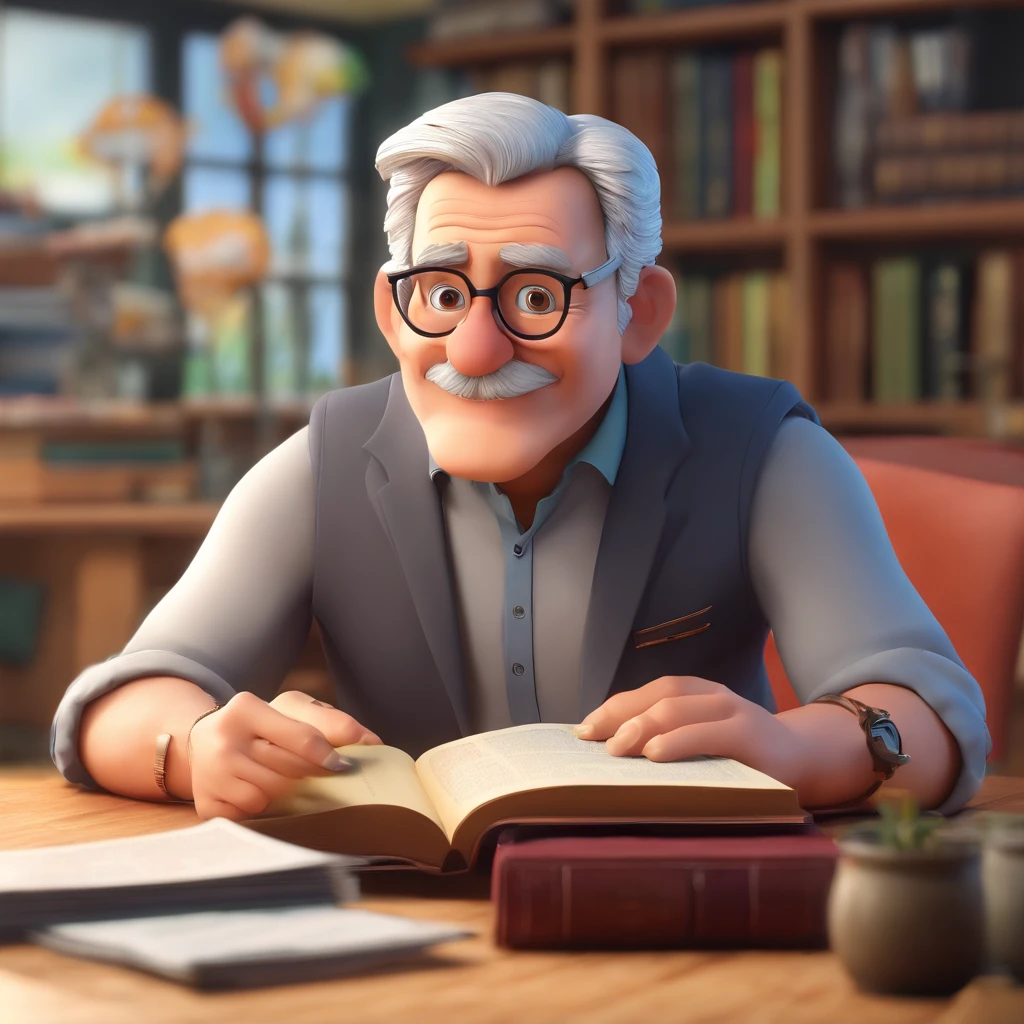 Crie um cartaz inspirado na Disney Pixar com o personagem sendo o pastor Rubens Janier, A gray-haired man wearing glasses, in an office with a Bible on the table