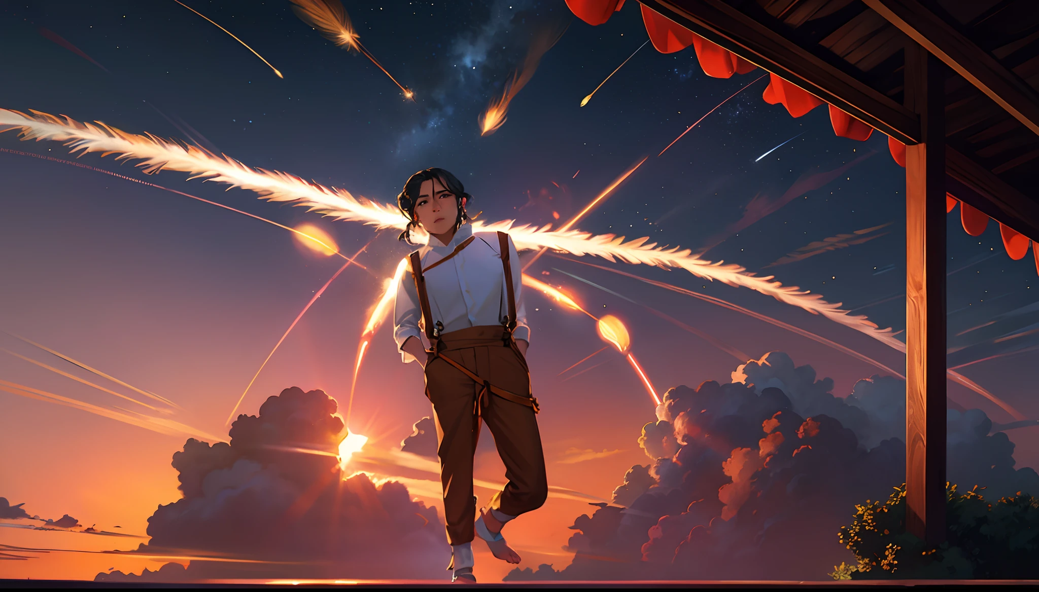 the sunset，eventide，middle parted hairstyle，Suspenders，meteors（Swipe left），Lychee tree，Five fingers are normal and clear，Feet on the ground