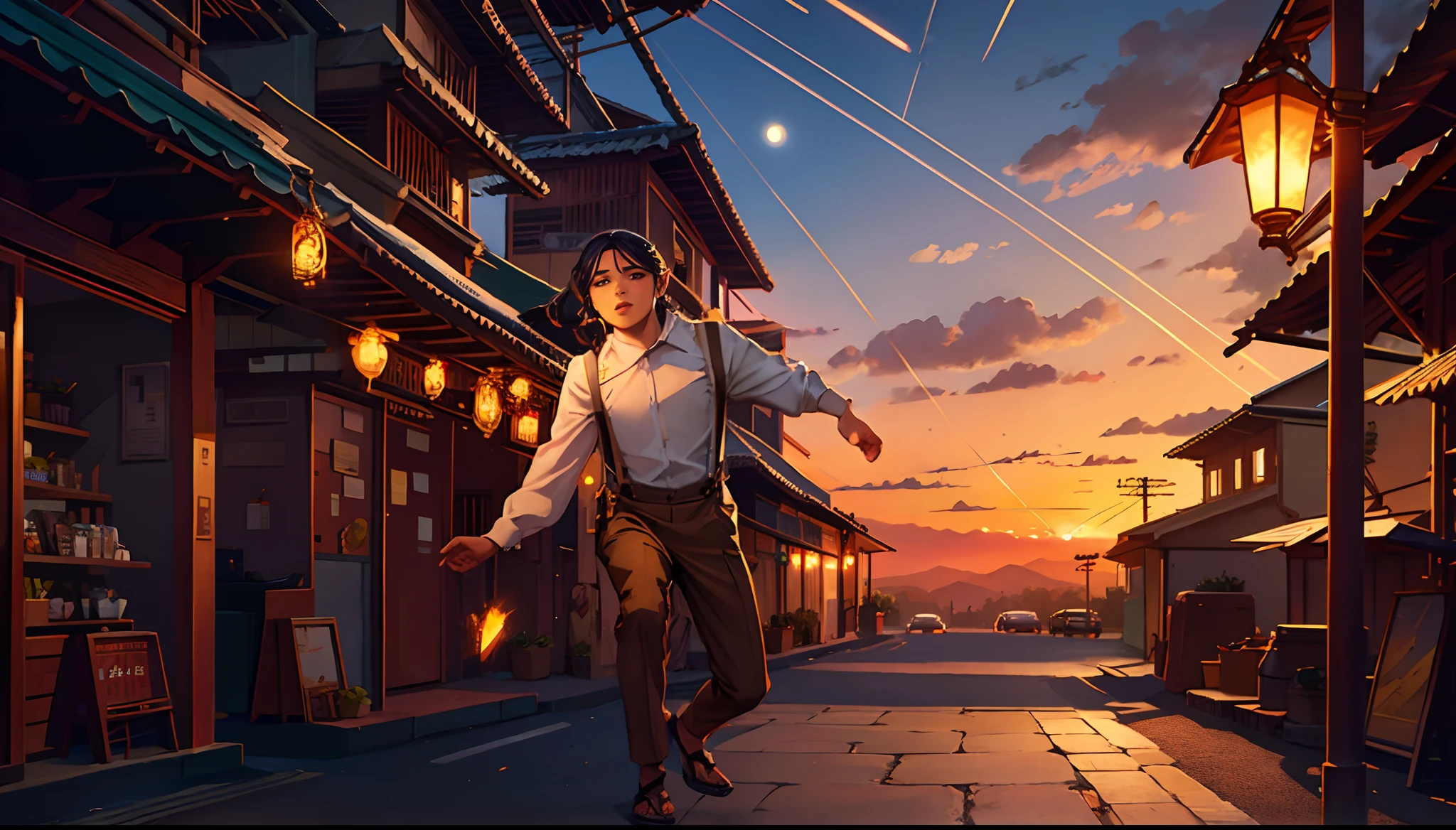 the sunset,eventide,middle parted hairstyle,Suspenders,meteors(Swipe left),Lychee tree,Five fingers are normal and clear,Feet on the ground