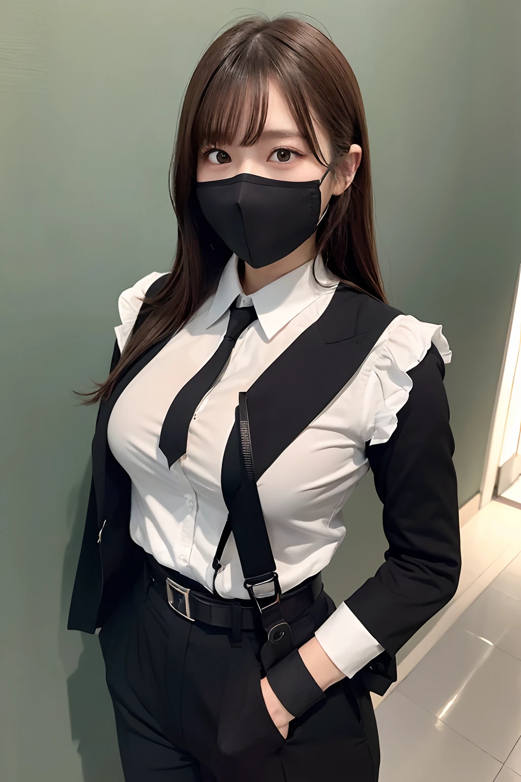 masterpiece、flat-colors、depth of fields、lens flare 1 girl、、Brown hair、watching at viewers a belt black suspenders Social OL huge-breasted Armpit sweat perspiring Side of both hands walls: Black Suit Black pants, Black jacket holster arm Leg holster arm Knife Carrying arma Gaze No tie tiarra No bangs Small face masks
