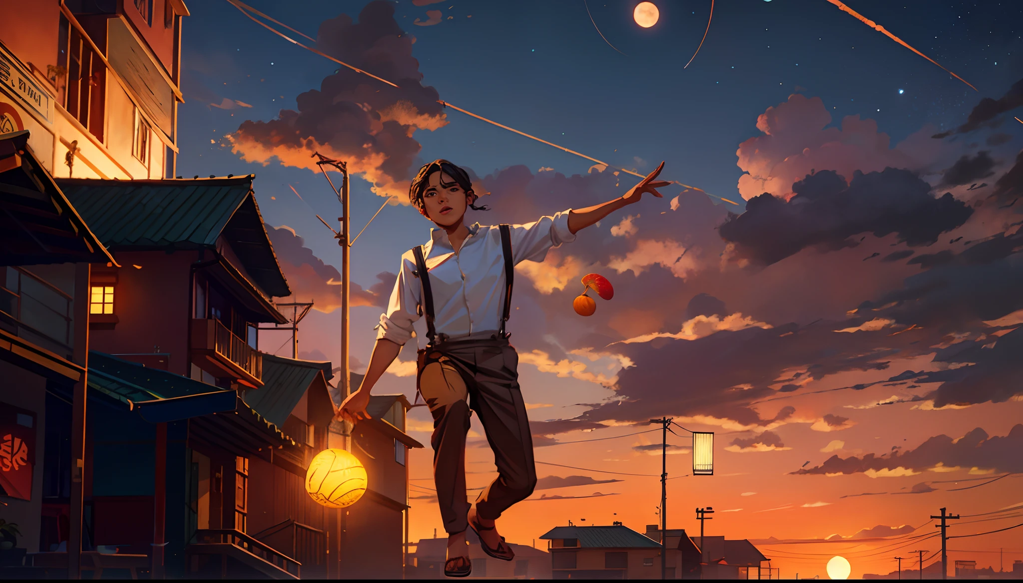 the sunset，eventide，middle parted hairstyle，Suspenders，Right-handed basketball，meteors（Swipe left），Lychee tree，Five fingers are normal and clear，Feet on the ground