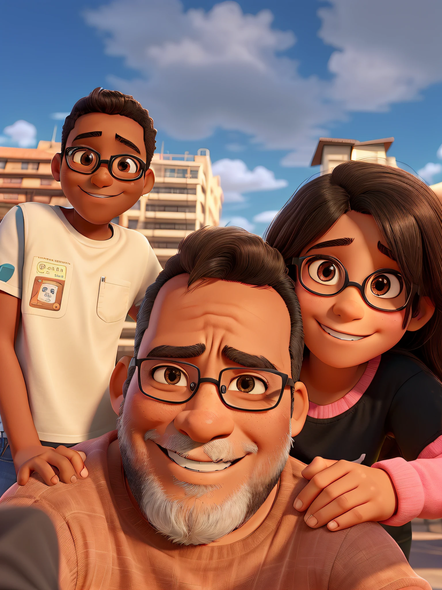 Crie um cartaz estilo DIsney Pixar. On the left, a -yeld bobrown skin wearing prescription glasses with black frames, White t-shirt and hand on dad's shoulder. Teeth are exaggerated. Ao centro, o pai sem camisa, sorrindo, barba grisalha por fazer, pele avermelhada. On the right hand, A girl in black and pink blouse with her hand on her father's shoulder. Her hair is brown with bangs and her smile shows her teeth. In the background buildings with many windows, Blue sky and various clouds. Alta qualidade. Melhor qualidade