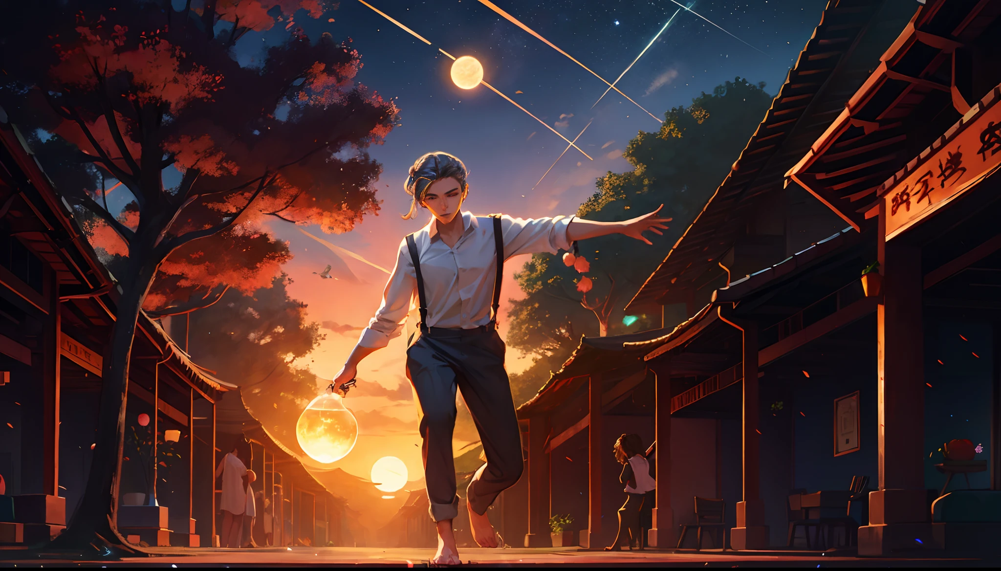 the sunset,eventide,middle parted hairstyle,Suspenders,meteors(Swipe left),Lychee tree,Five fingers are normal and clear,Feet on the ground