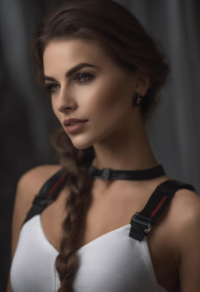 ((master part, best quality)), (1girl), (sozinho), (Foco Feminino), Yoru (chain saw man),(rosto muito detalhado, imagem real, Pele branca realista, corpo realista, detalhes intrincados), parte superior do corpo, foco no rosto, cabelo preto amarrado, cabelos longos, olhar intimidador, vestido pinafore preto, camisa, neck ribbon, seios pequenos