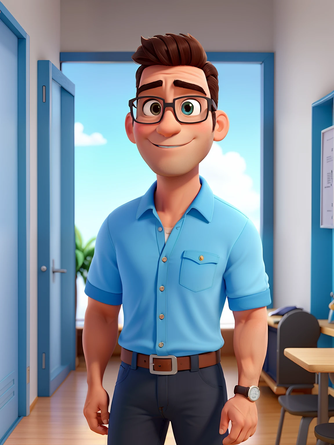 Poster no estilo Disney pixar, alta qualidade, melhor qualidade, homem sexy pardo, musculoso, 35 anos, cabelo grisalho, usando  jaleco branco com camisa blue jeans por baixo, black long pants, sapato marrom, Thin-framed glasses, com fundo alguns esqueletos humanos e uma lousa de sala de aula,