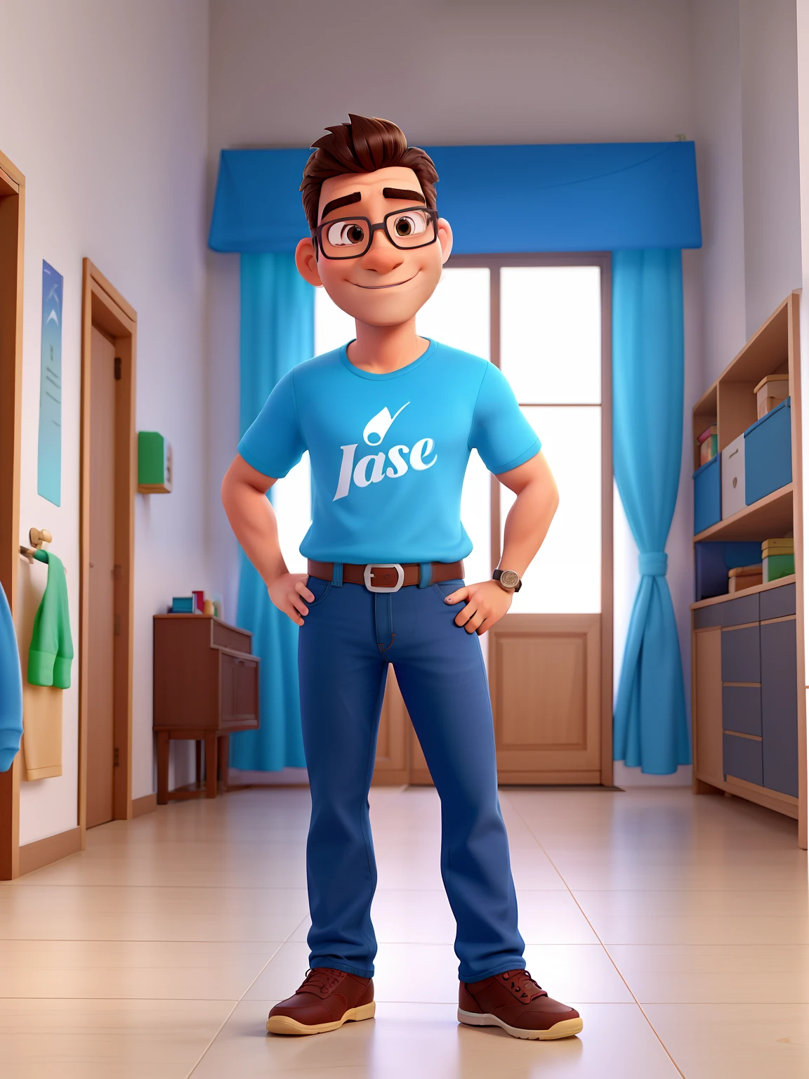 Poster no estilo Disney pixar, alta qualidade, melhor qualidade, homem sexy pardo, musculoso, 35 anos, cabelo grisalho, usando jaleco branco com camisa blue jeans por baixo, black long pants, sapato marrom, Thin-framed glasses, com fundo alguns esqueletos humanos e uma lousa de sala de aula,