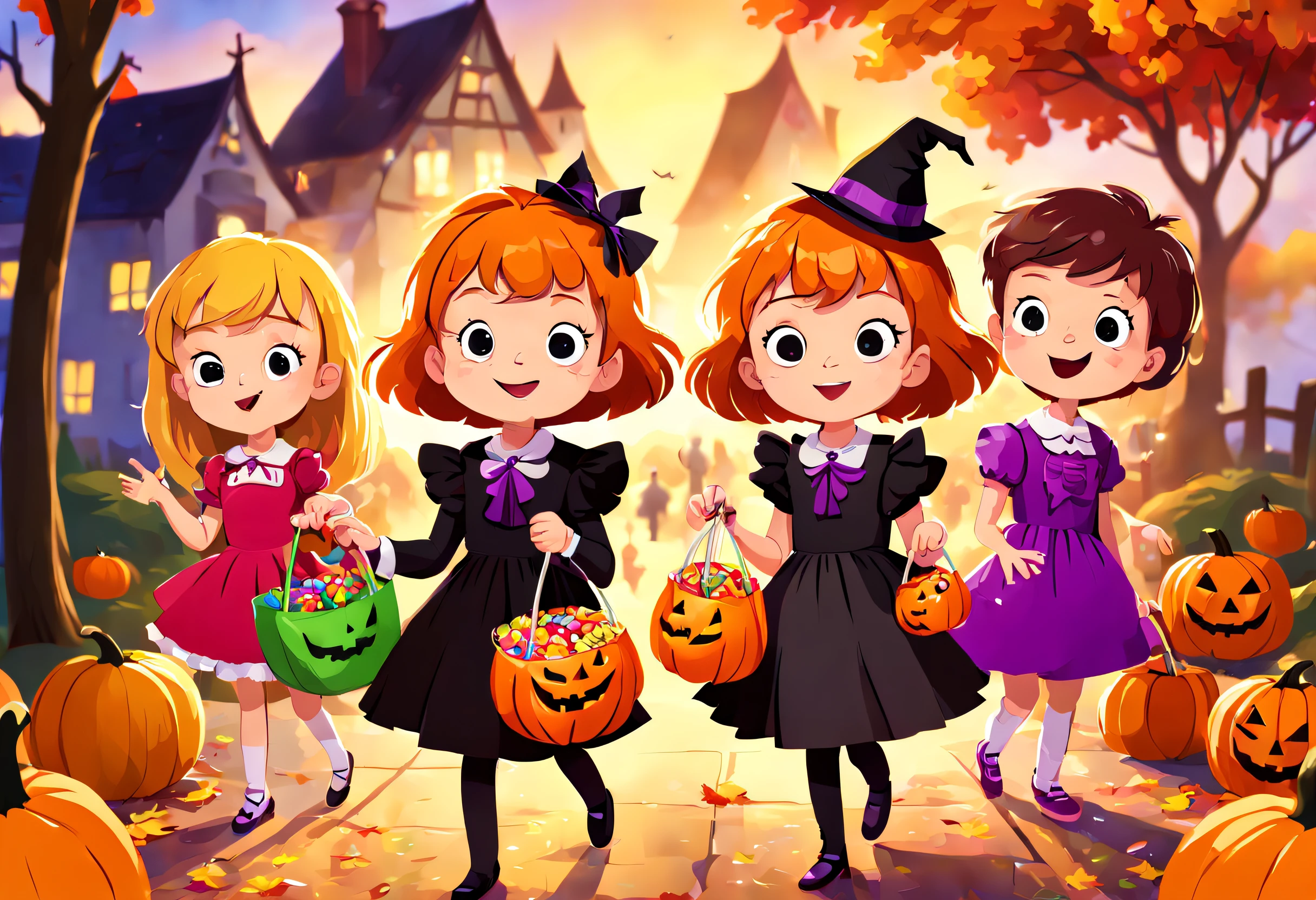 (children in costumes,holding bag of candy,doing trick or treating),(best quality,highres),(vivid colors),(portrait lighting),(Halloween theme),(playful),(colorful costumes),(excited expressions),(autumn colors),(festive atmosphere)